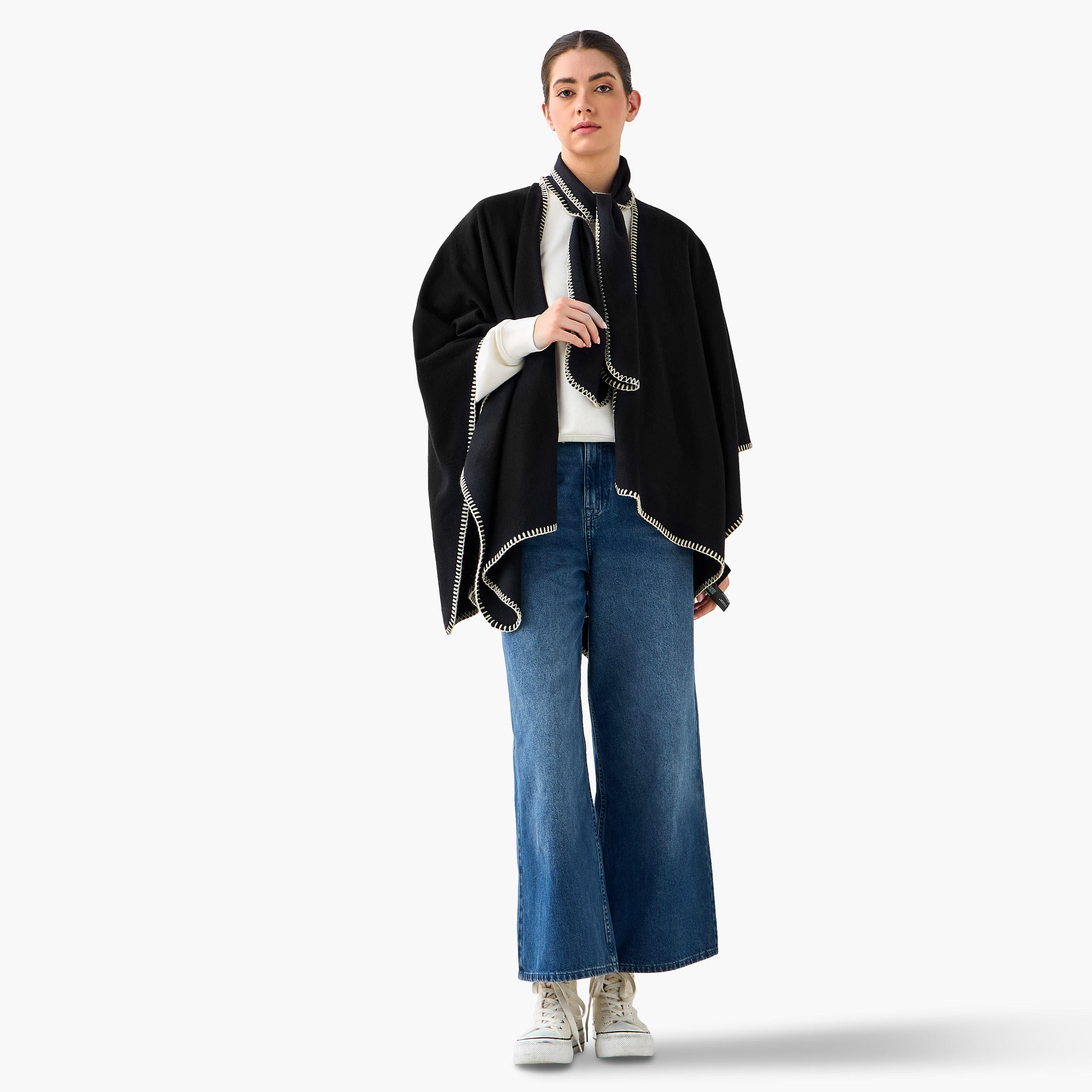 Cape Tie Neck Polyester Black-women-winterwear-scarves-image-5