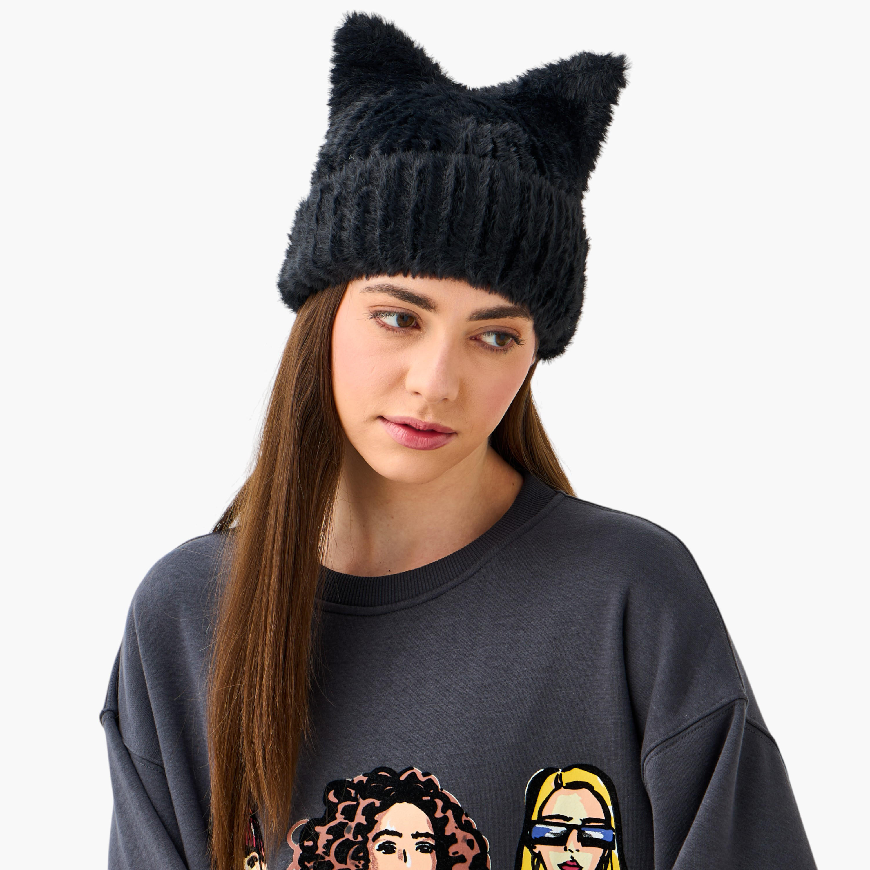 Textured Ear Detail Fluffy Beanie-women-clothingaccessories-capsandhats-image-2