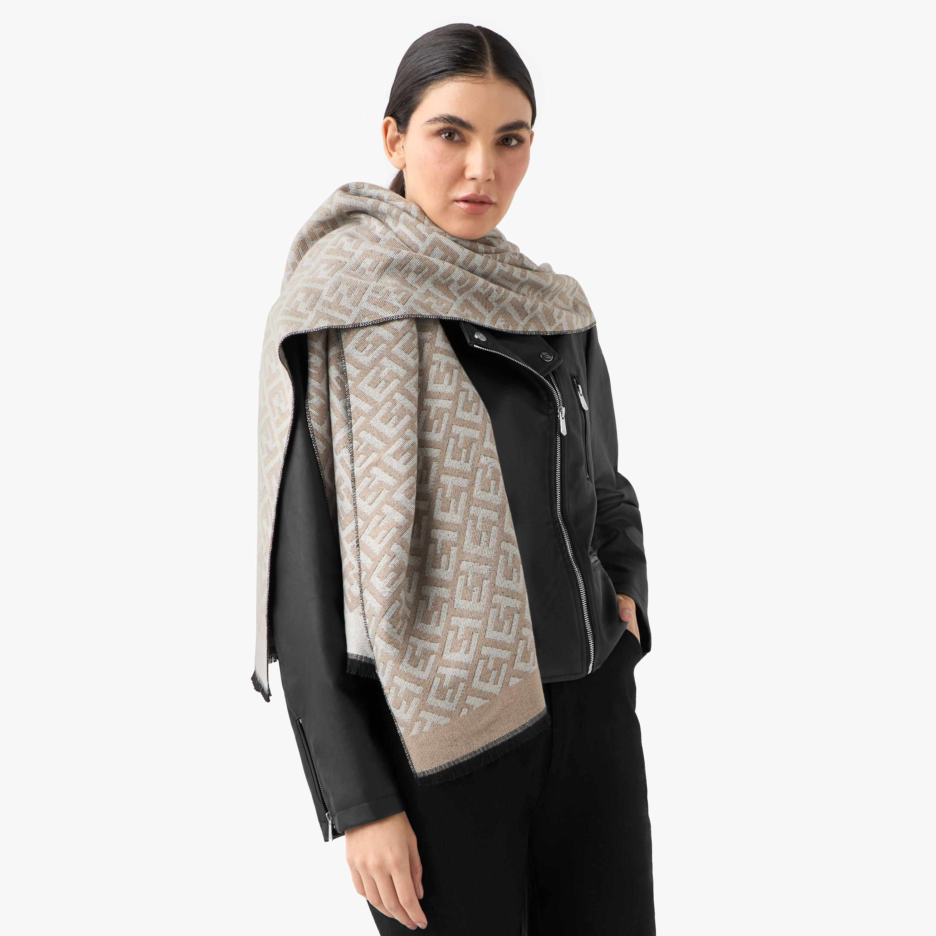 Scarf Monogram Print with Fringe Detail Multicolour-women-winterwear-scarves-image-2