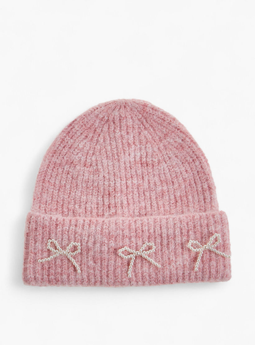 Ribbed Pearl Bow Detail Beanie-women-clothingaccessories-capsandhats-image-1