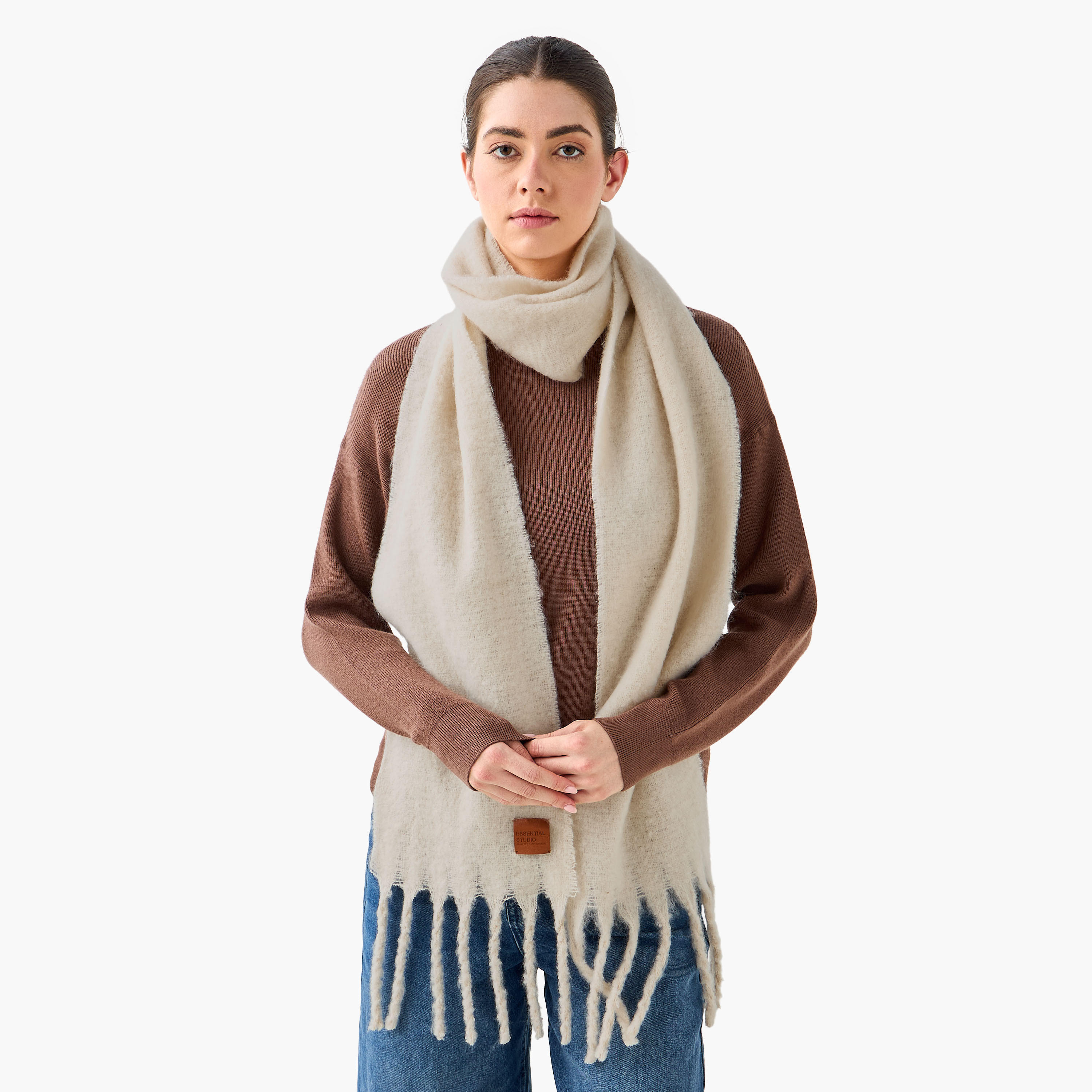 Scarf Fringe Accent Polyester Cream-women-winterwear-scarves-image-2