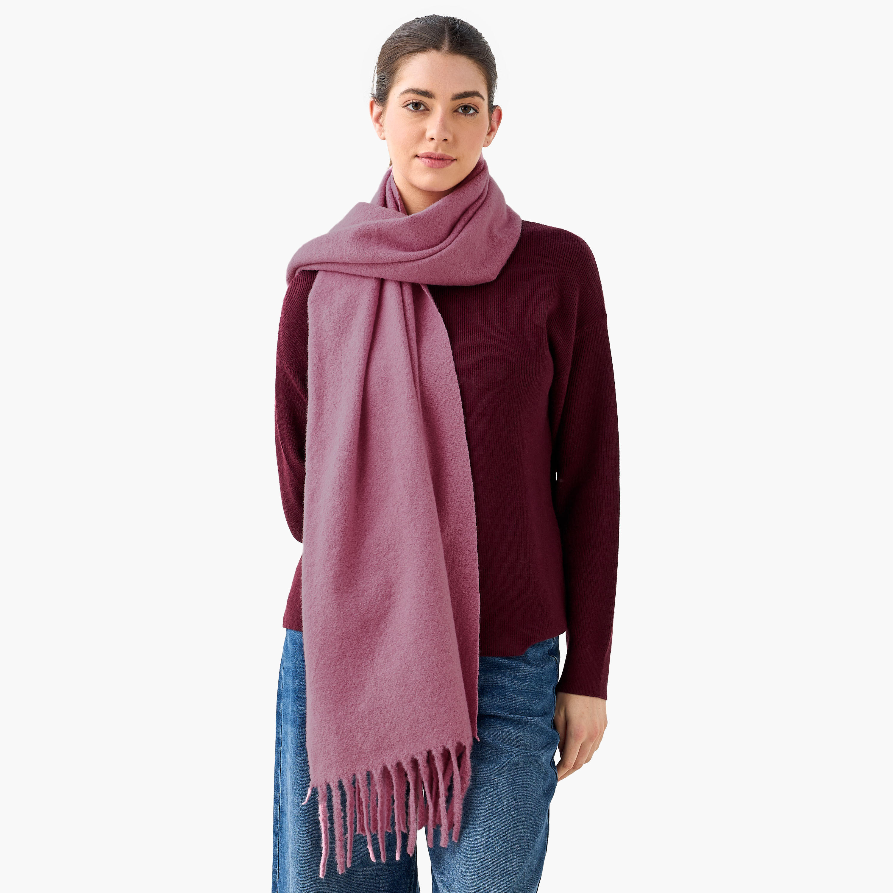 Scarf Fringe Accent Polyester Pink-women-winterwear-scarves-image-2