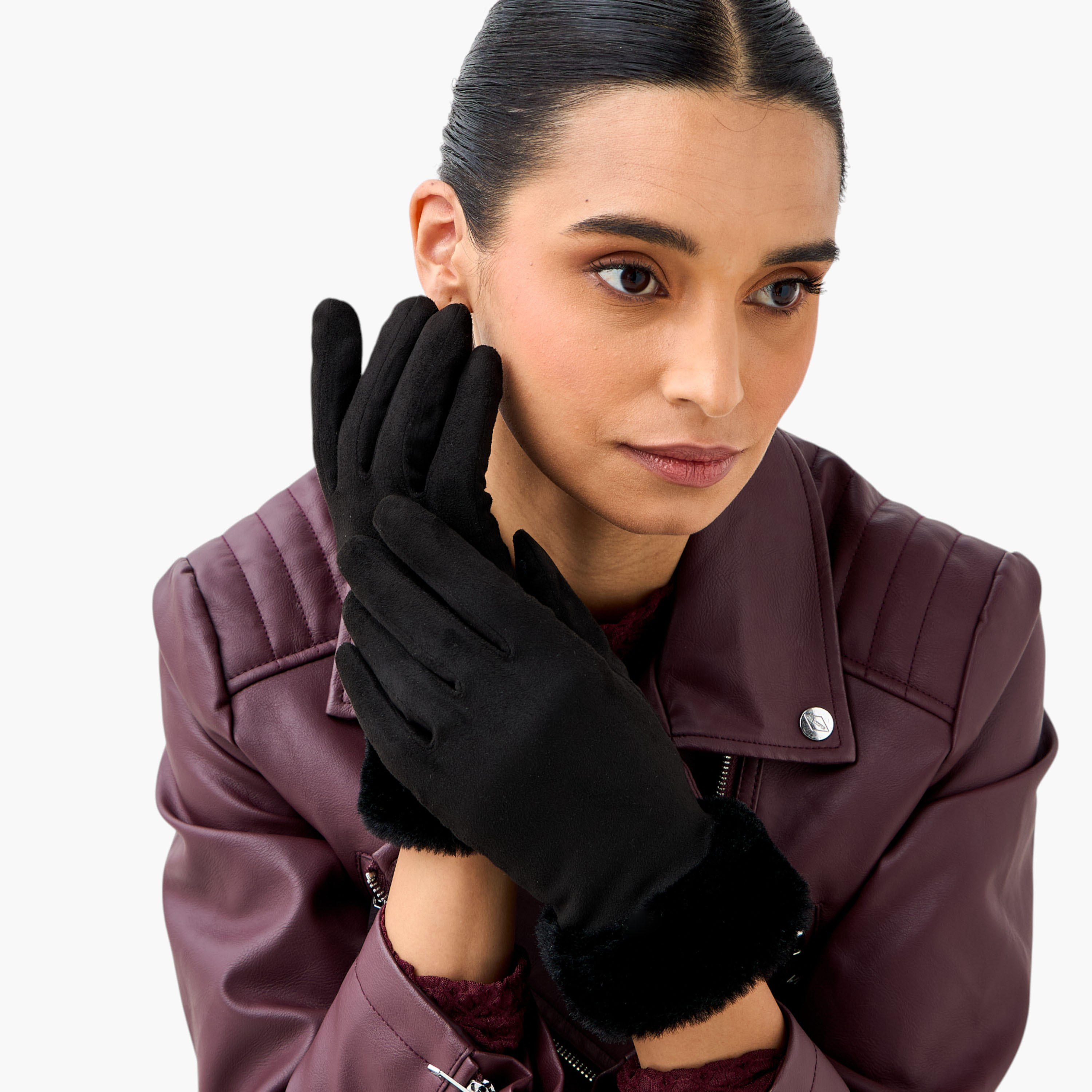 Fur Trim Suede Polyester Gloves-women-winterwear-gloves-image-4