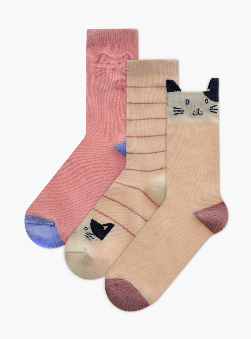 Pack of 3 Cat Detail Crew Length Socks-women-socksandstockings-image-1
