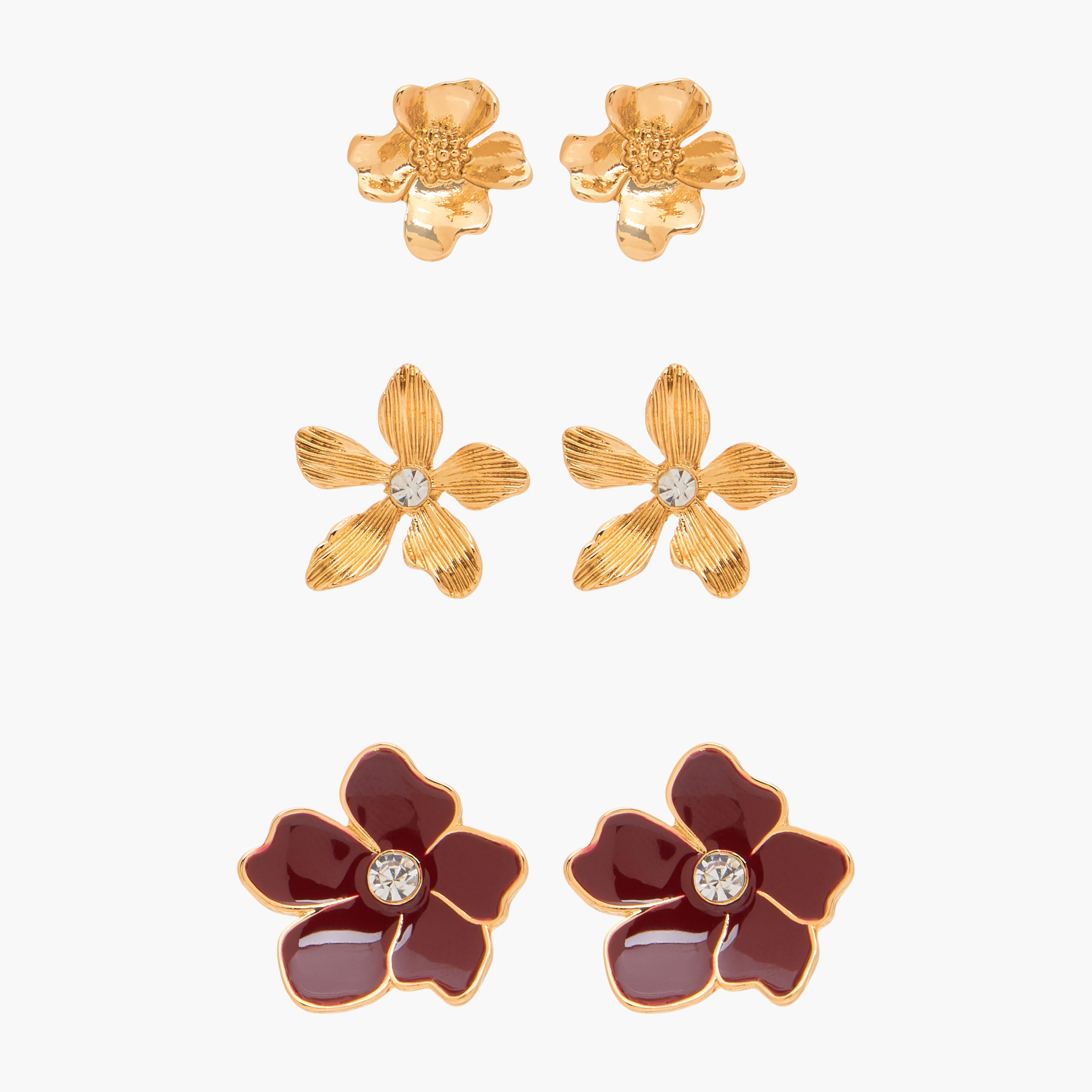 حلقان مرصعة ميتاليك بتصميم زهري وبمكبس إغلاق خلفي - طقم من 3 أزواج-women-watchesandjewellery-jewellery-earrings-image-1
