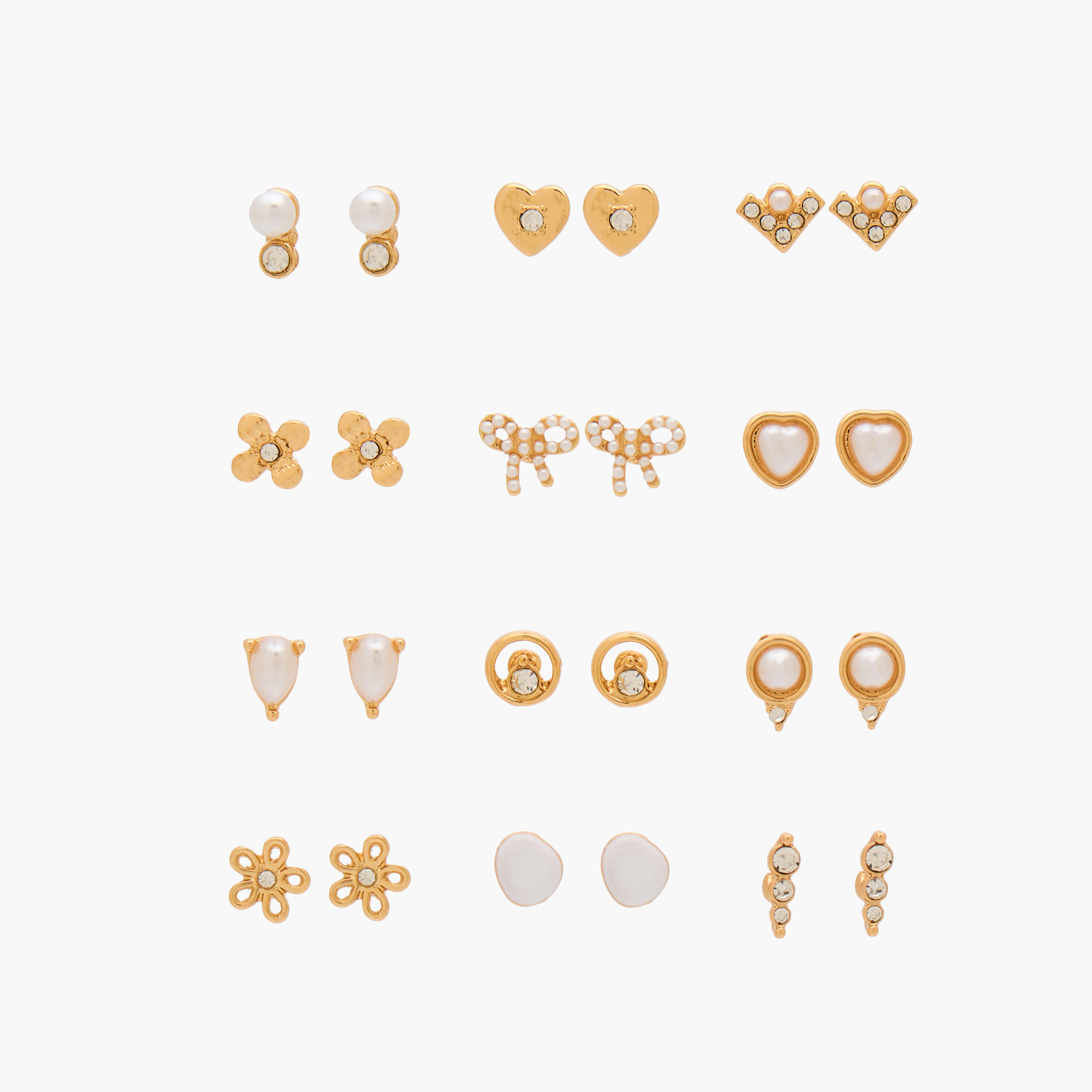 Gloo Pack of 12 Gold Finish Embellished Stud Earrings with Pushback Closure-women-watchesandjewellery-jewellery-earrings-image-1