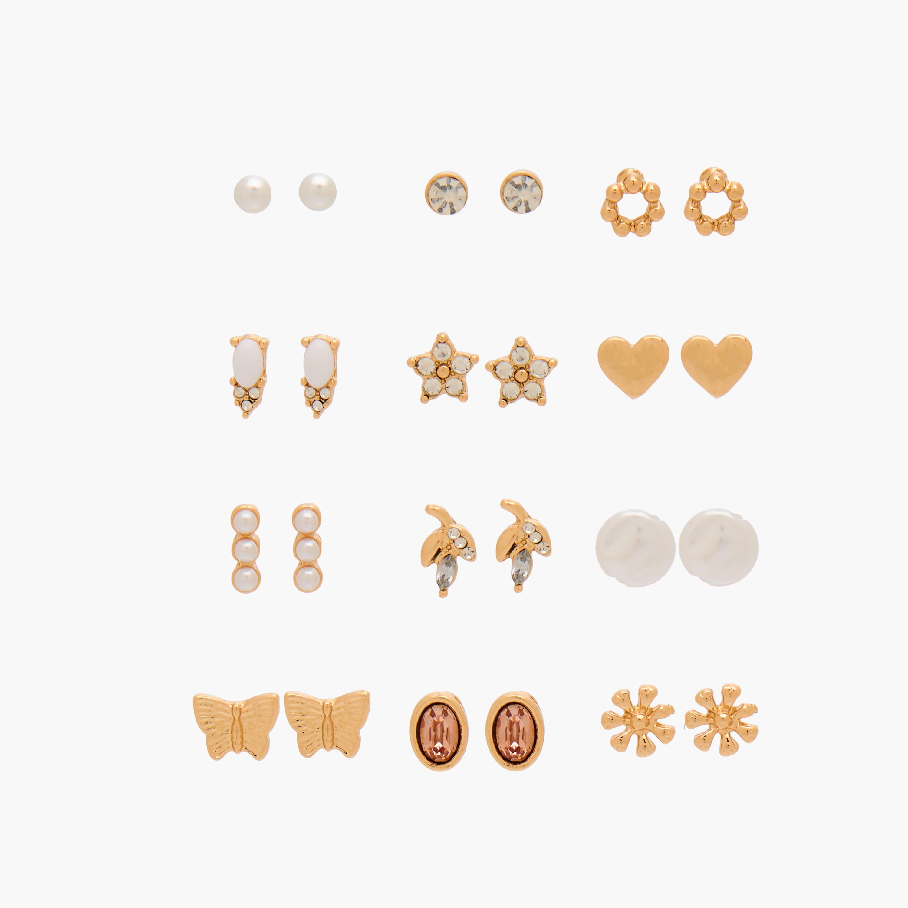 Gloo Pack of 12 Gold Finish Embellished Stud Earrings with Pushback Closure-women-watchesandjewellery-jewellery-earrings-image-1
