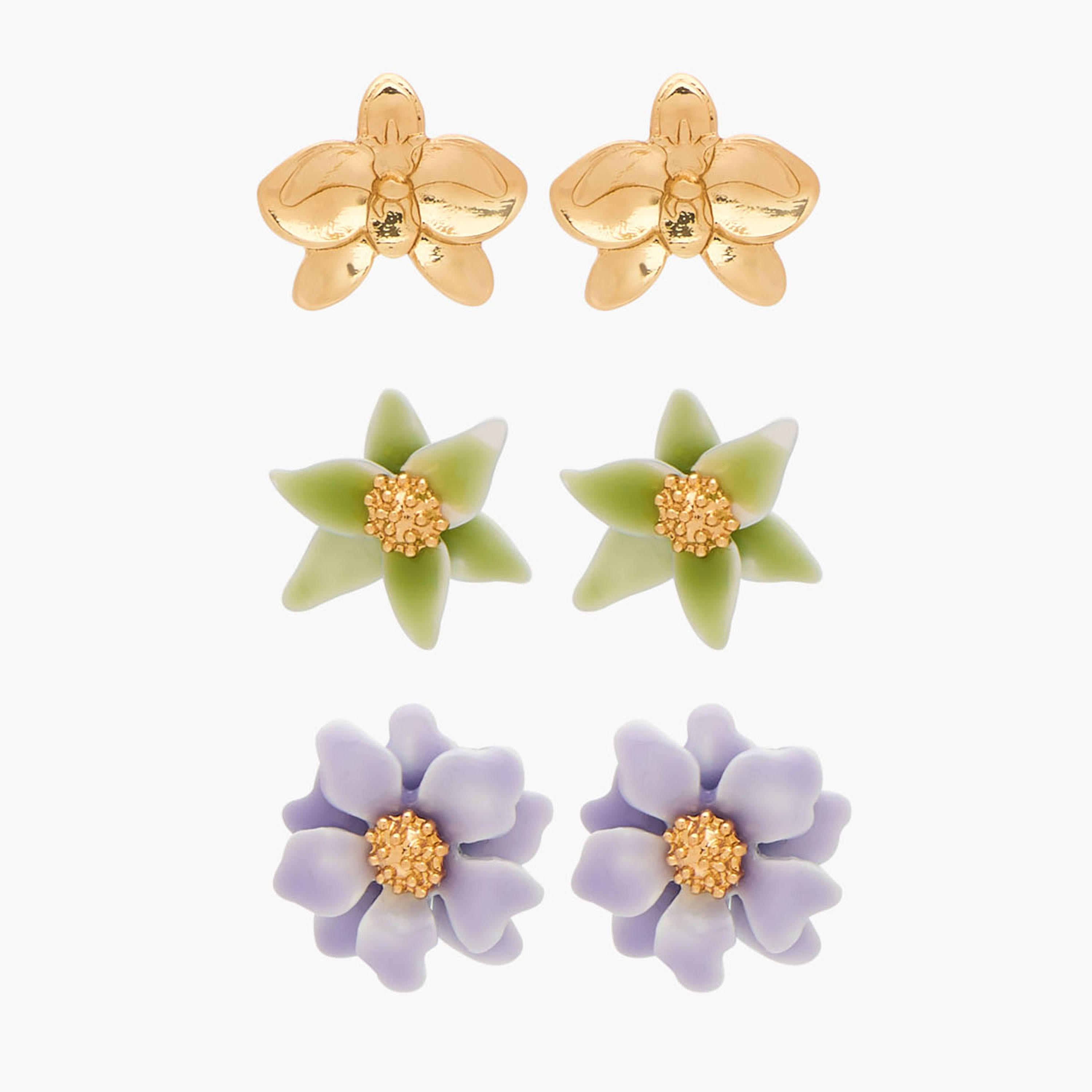 حلقان دبوس ميتاليك بتصميم أزهار ومكبس إغلاق من جلو - عبوة 3 قطع-women-watchesandjewellery-jewellery-earrings-image-1
