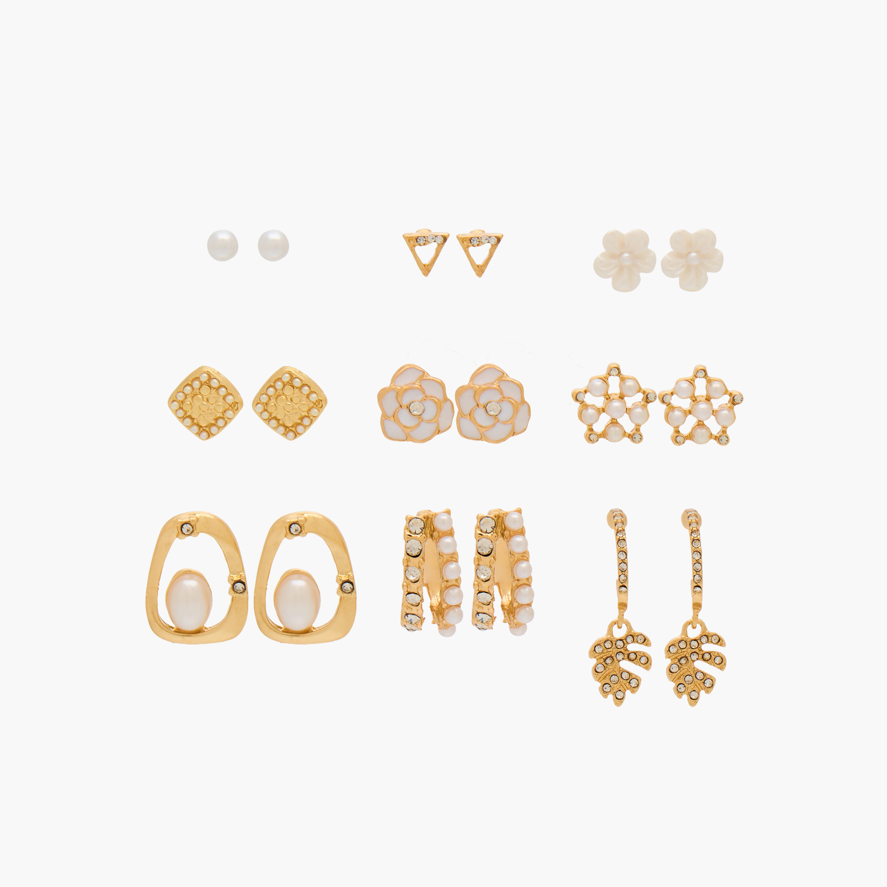 Gloo Pack of 9 Gold Finish Embellished Earrings with Pushback Closure-women-watchesandjewellery-jewellery-earrings-image-1
