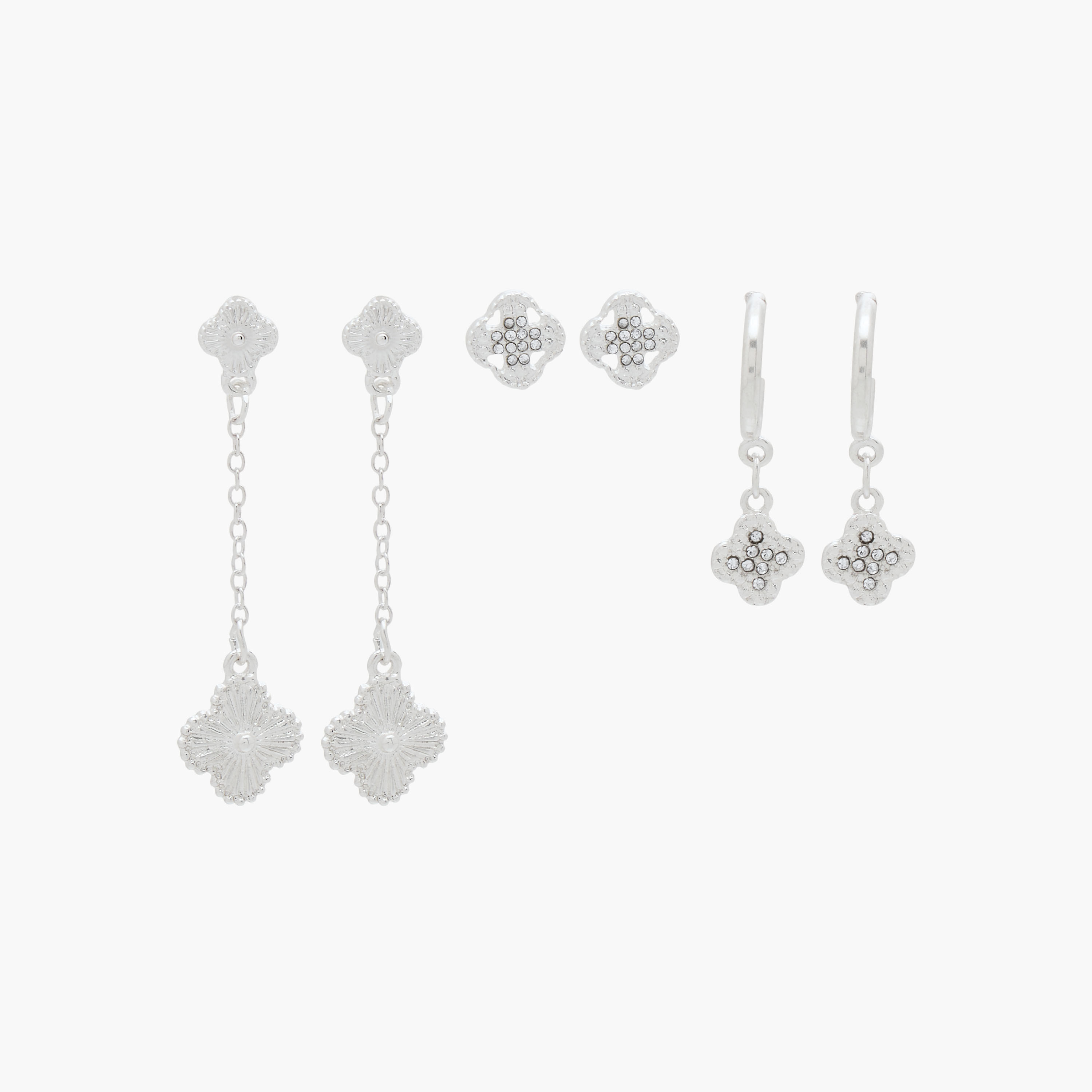 Gloo Pack of 3 Silver Finish Clover Embellished Earrings with Pushback Closure-women-watchesandjewellery-jewellery-earrings-image-1