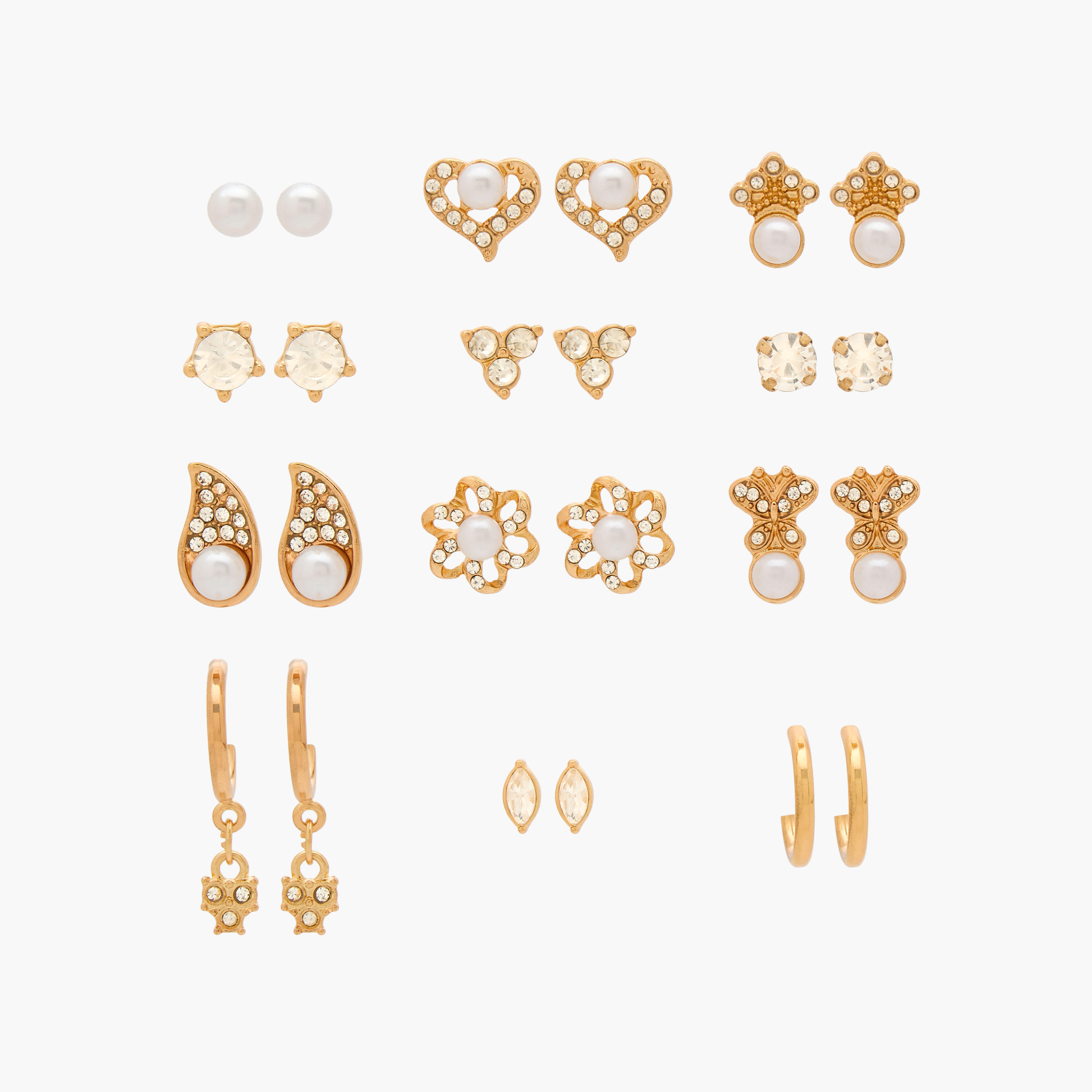 Pack of 12 Gold Finish Embellished Earrings with Pushback Closure-women-watchesandjewellery-jewellery-earrings-image-1