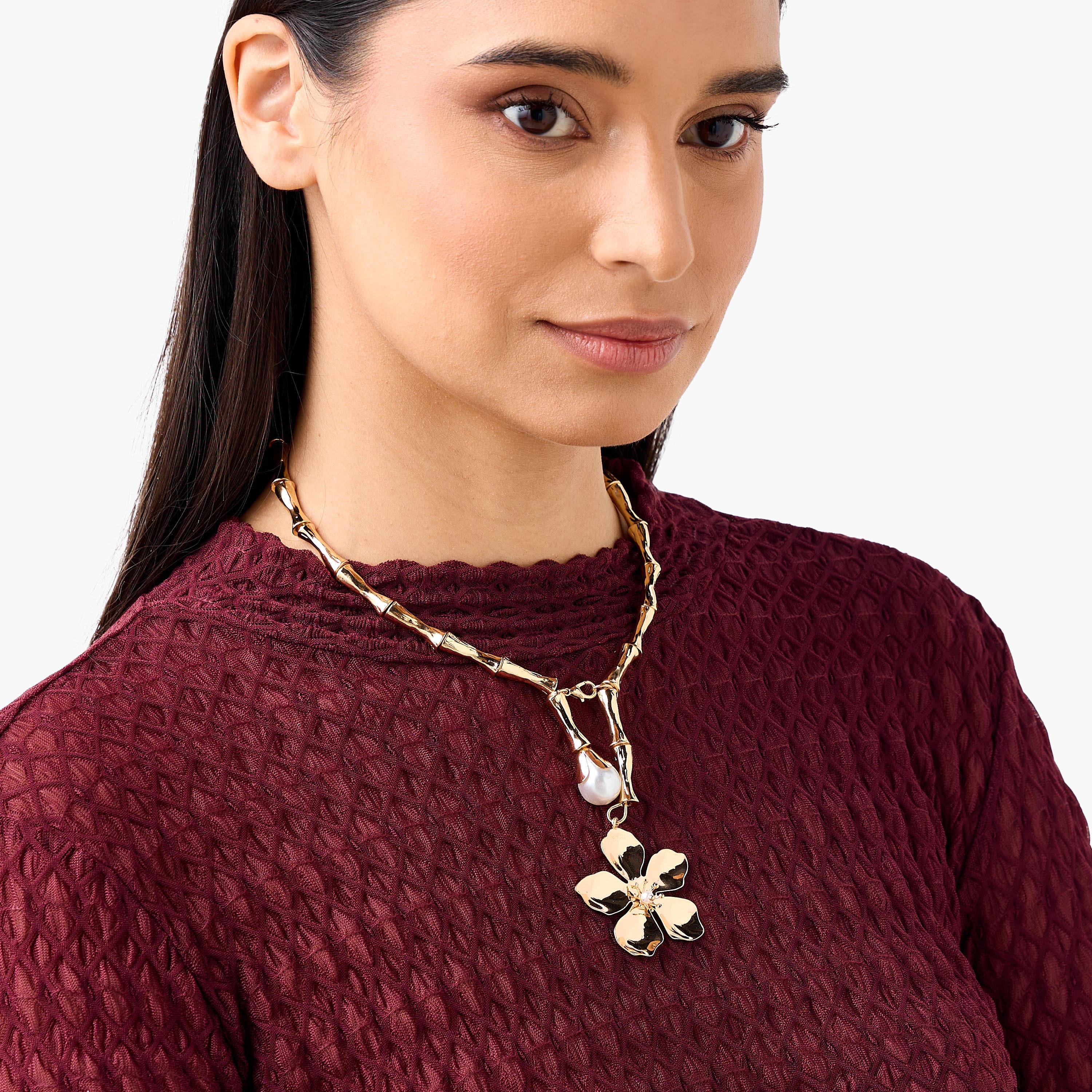 قلادة معدن بدلاية زهور وزينة لؤلؤ-women-watchesandjewellery-jewellery-necklacesandpendants-image-2