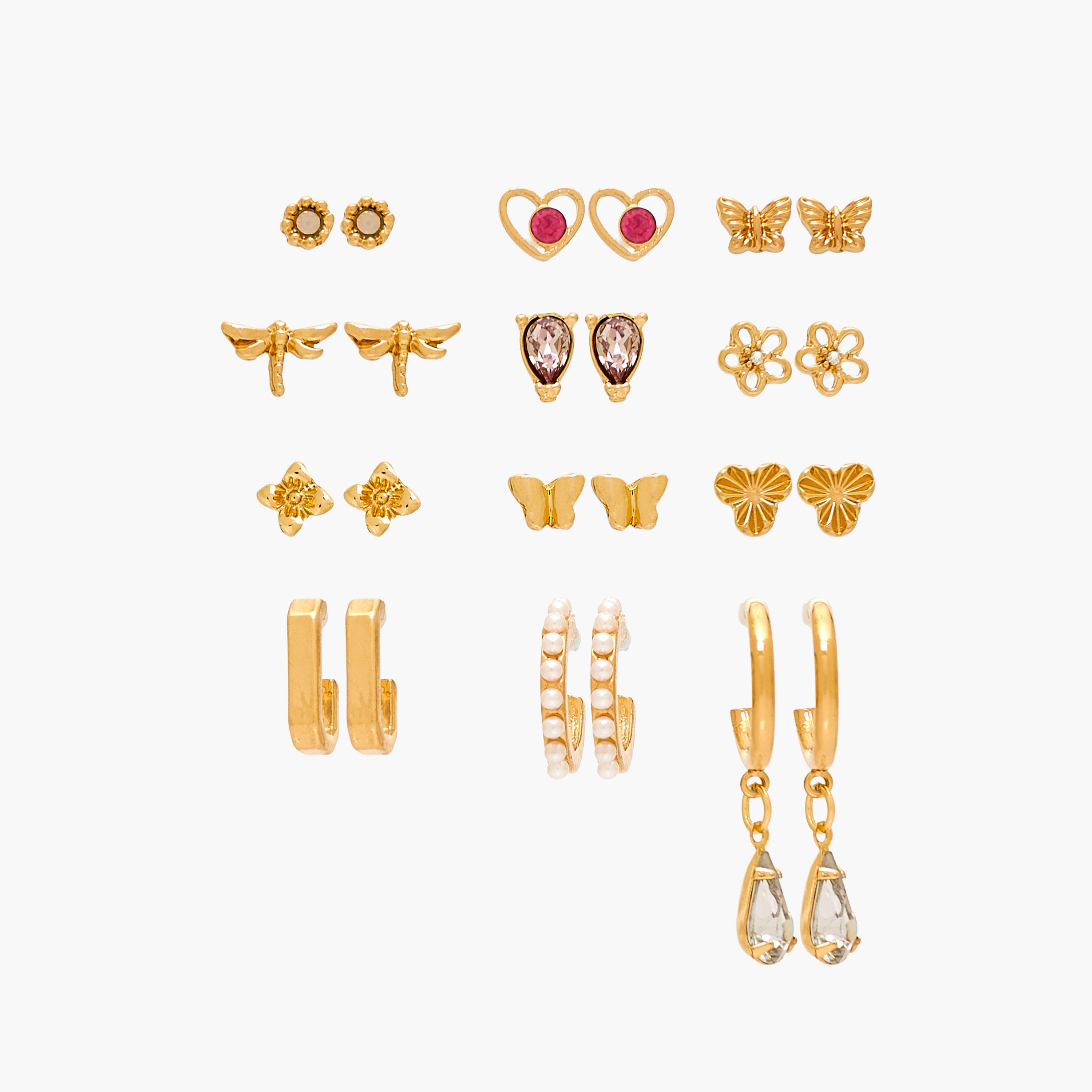 Pack of 12 Gold Tone Assorted Earrings with Pushback Closure-women-watchesandjewellery-jewellery-earrings-image-1