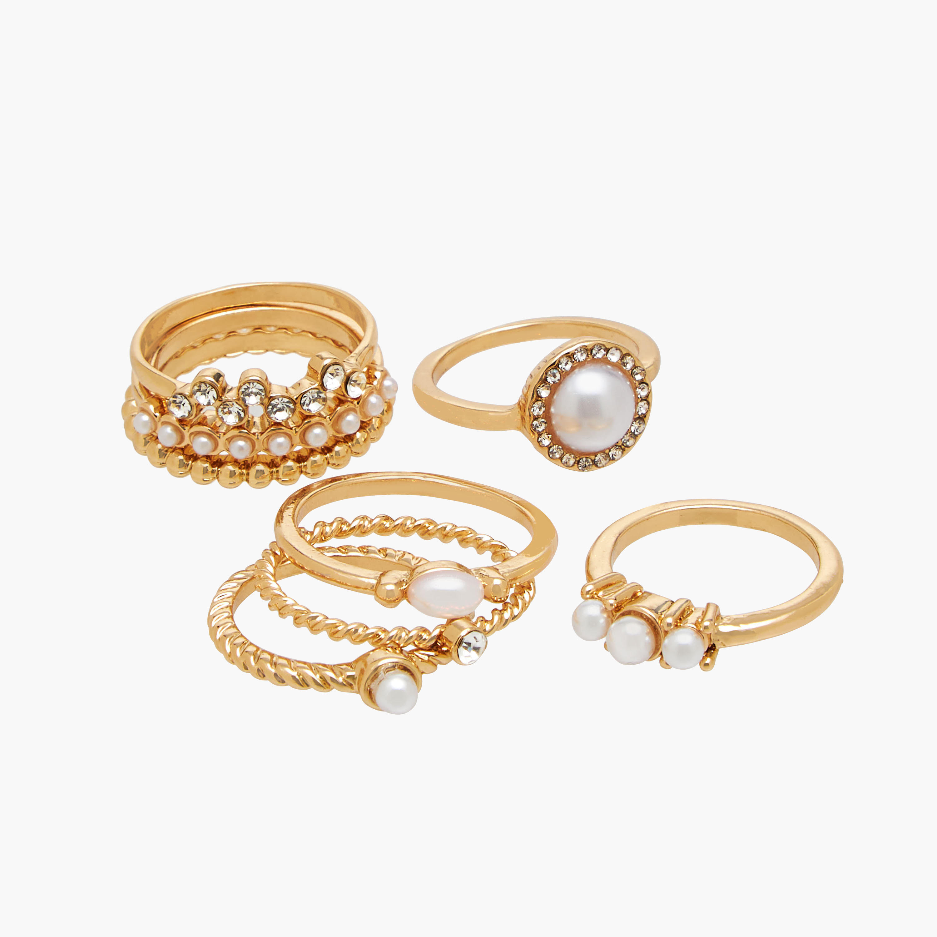 Stackable Gold Tone Ring with Pearl Embellished Detail - Set of 8-women-watchesandjewellery-jewellery-rings-image-3