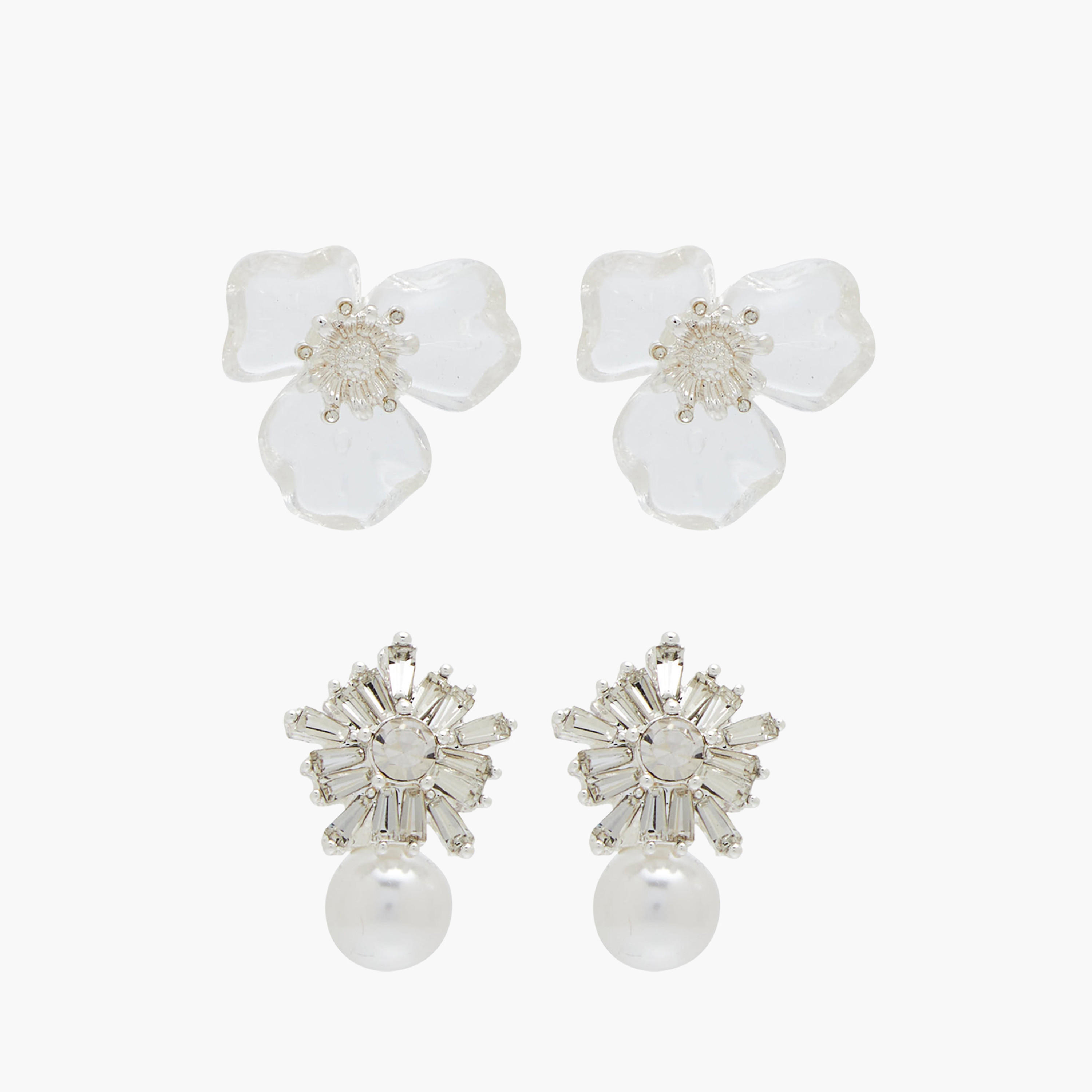Pack of 2 Silver Finish Floral Embellished Earrings with Pushback Closure-women-watchesandjewellery-jewellery-earrings-image-1