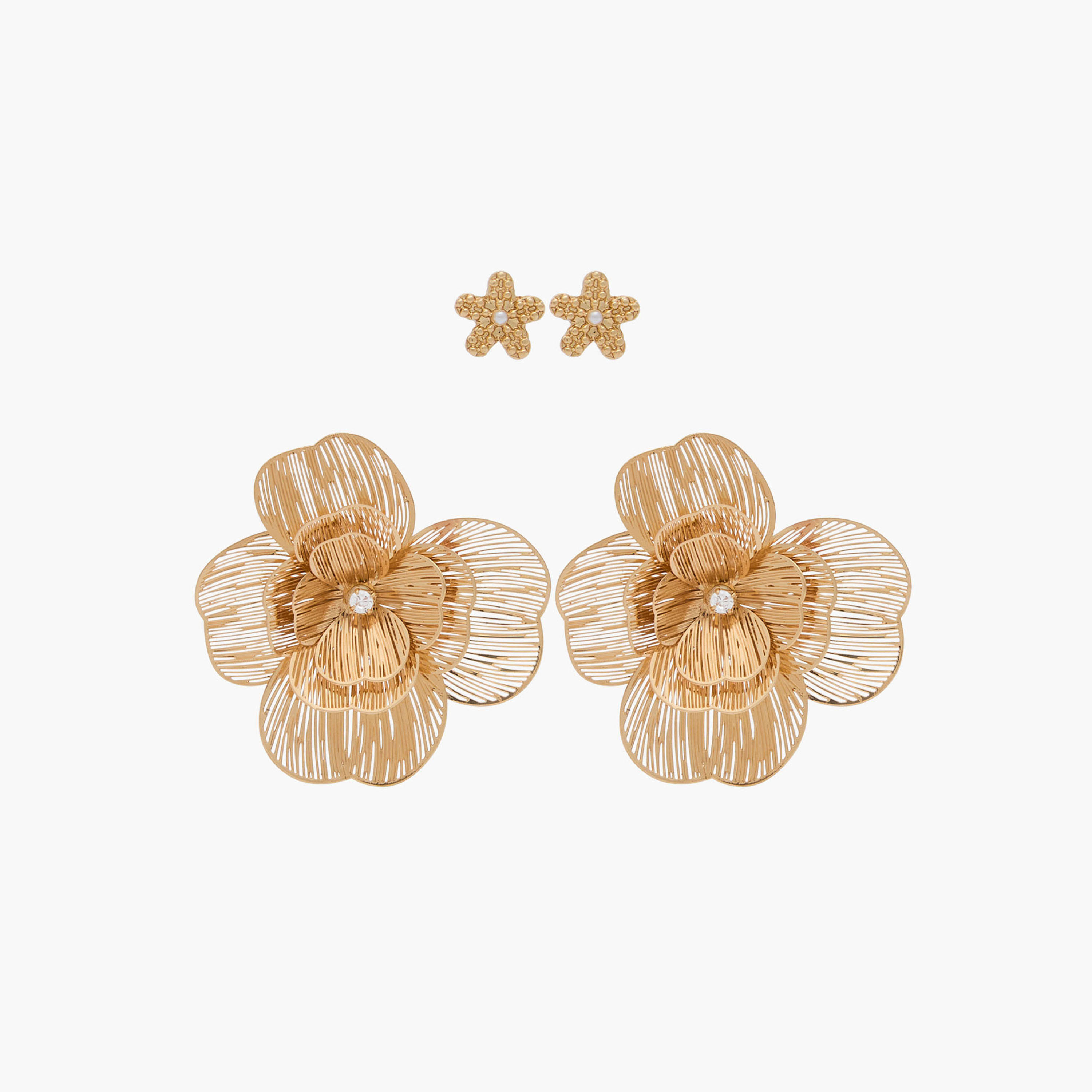 طقم حلقان ميتاليك بتصميم زهرة ومشبك إغلاق خلفي من زوجين-women-watchesandjewellery-jewellery-earrings-image-1