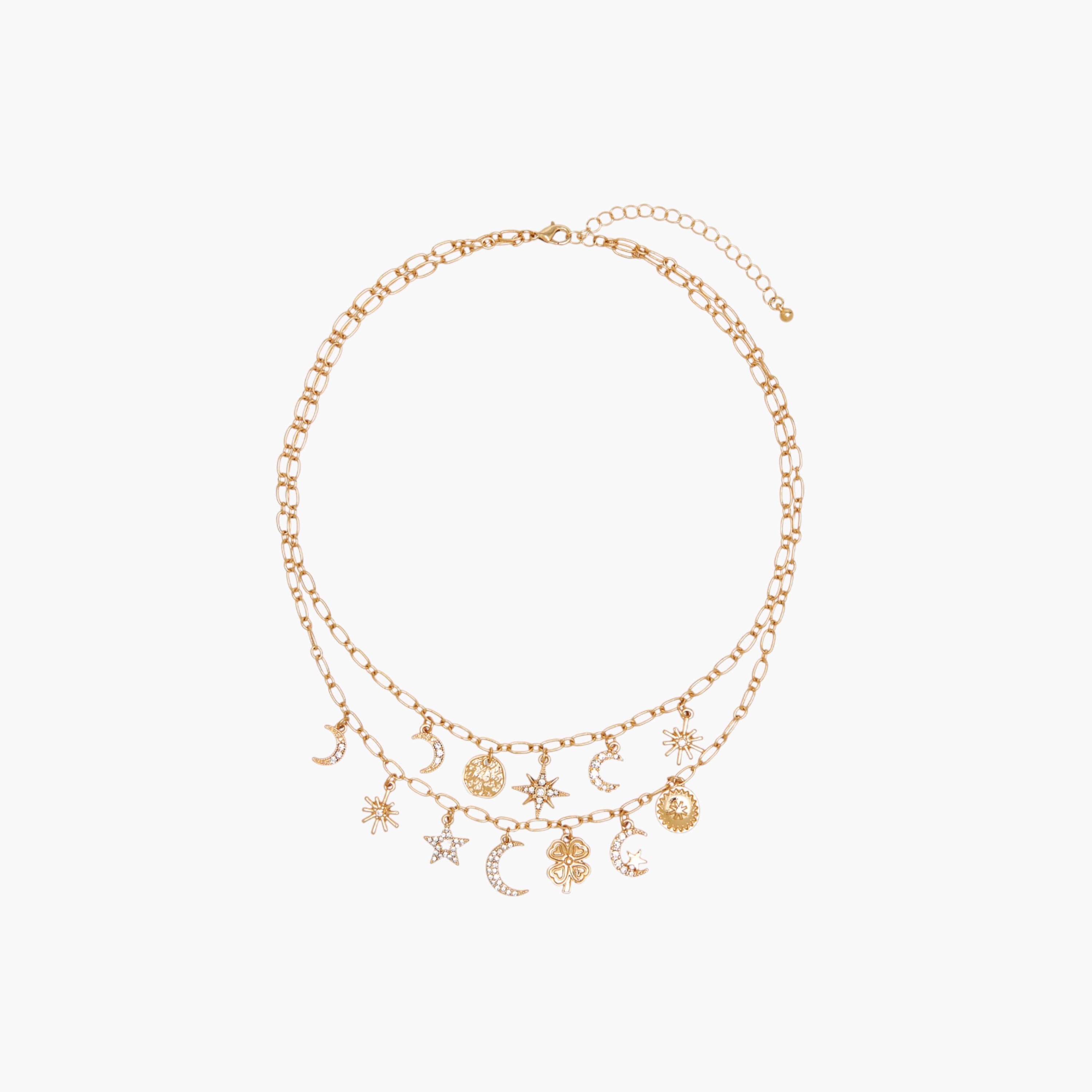 Metal Layered Necklace with Embellished Celestial Charms-women-watchesandjewellery-jewellery-necklacesandpendants-image-1
