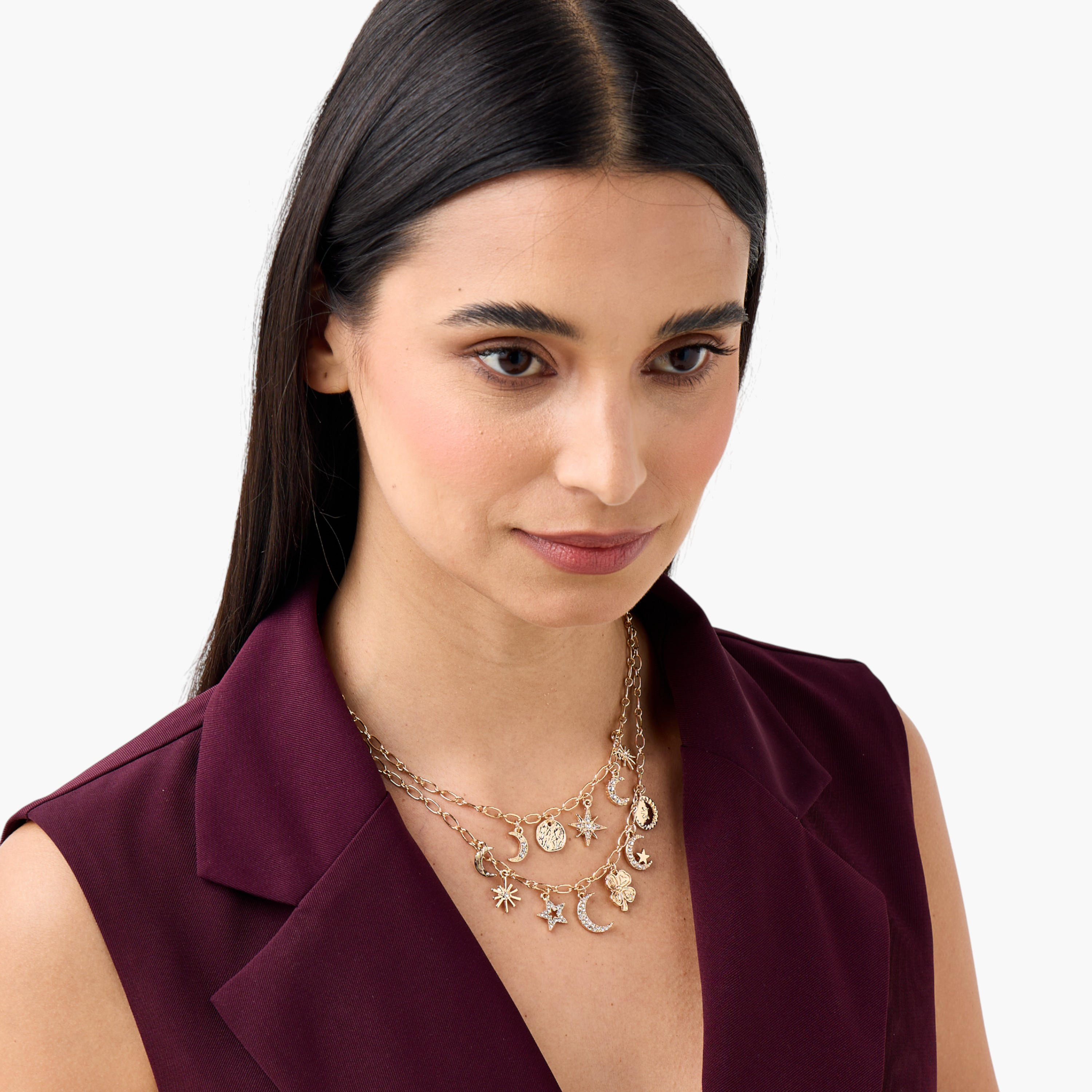 Metal Layered Necklace with Embellished Celestial Charms-women-watchesandjewellery-jewellery-necklacesandpendants-image-2