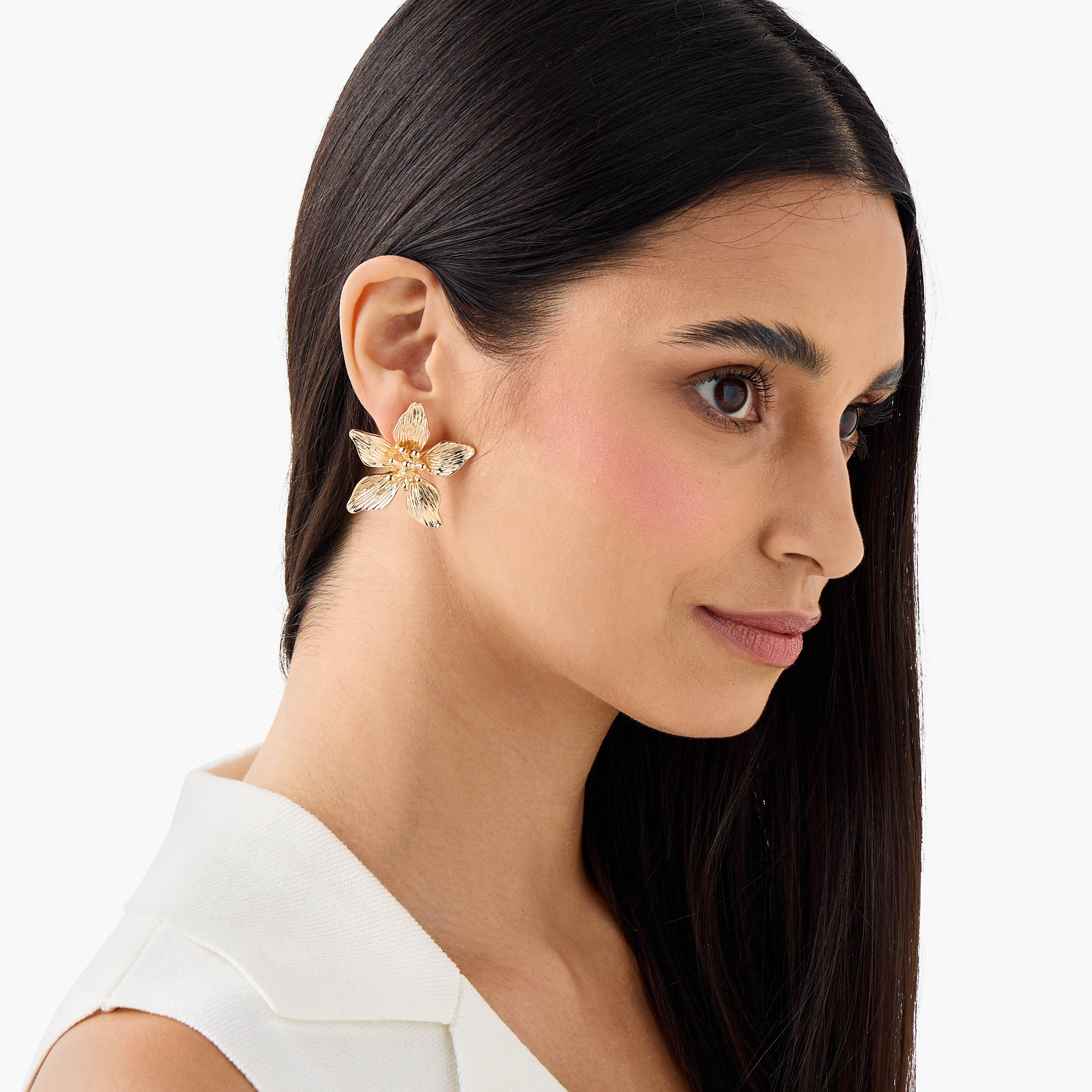 Gold Finish Floral Embellished Earrings with Pushback Closure-women-watchesandjewellery-jewellery-earrings-image-2