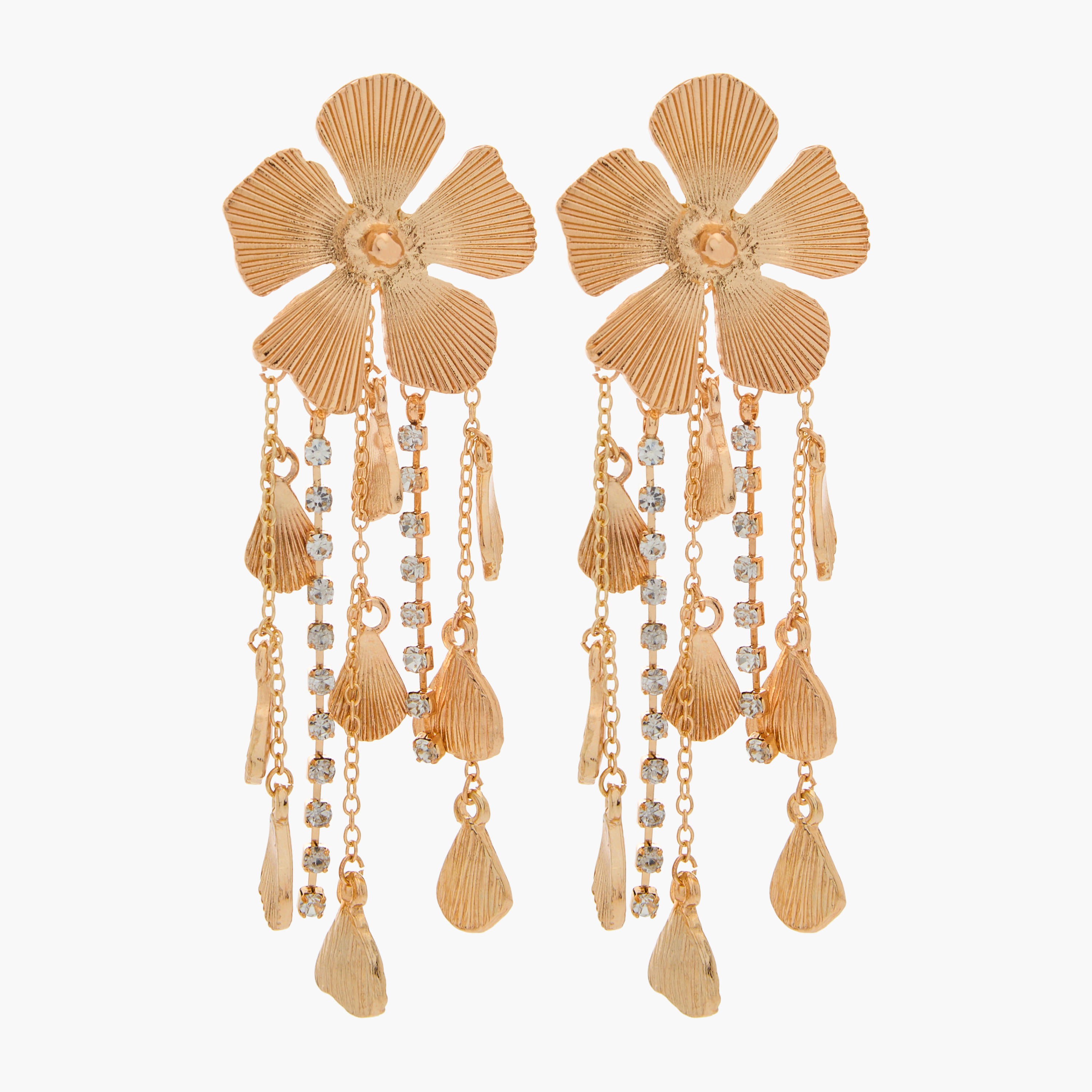 أقراط متدلية بلون ذهبي وتصميم ورود ومكبس إغلاق خلفي-women-watchesandjewellery-jewellery-earrings-image-1