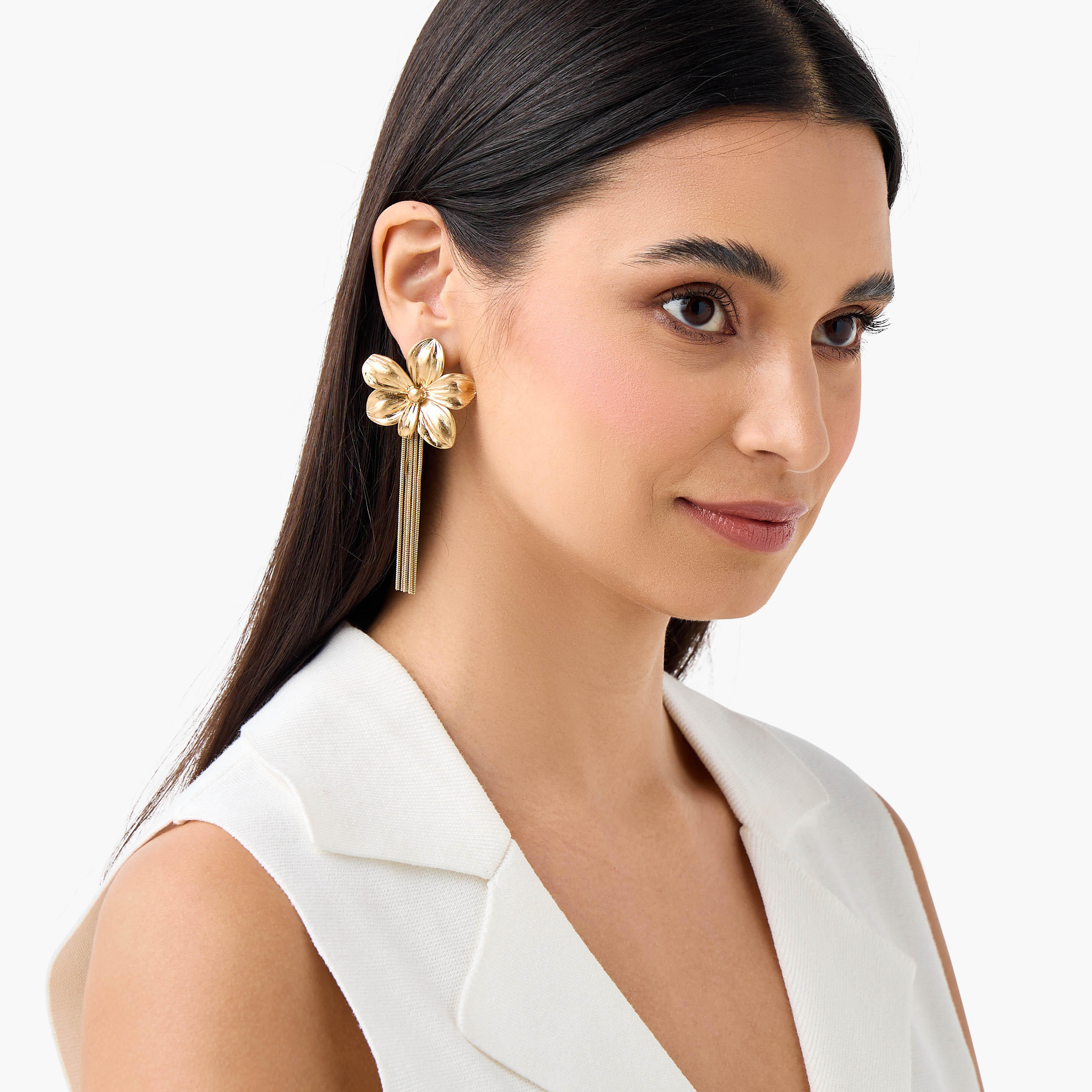 Gold Finish Floral Shaped Tassel Drop Earrings with Pushback Closure-women-watchesandjewellery-jewellery-earrings-image-2