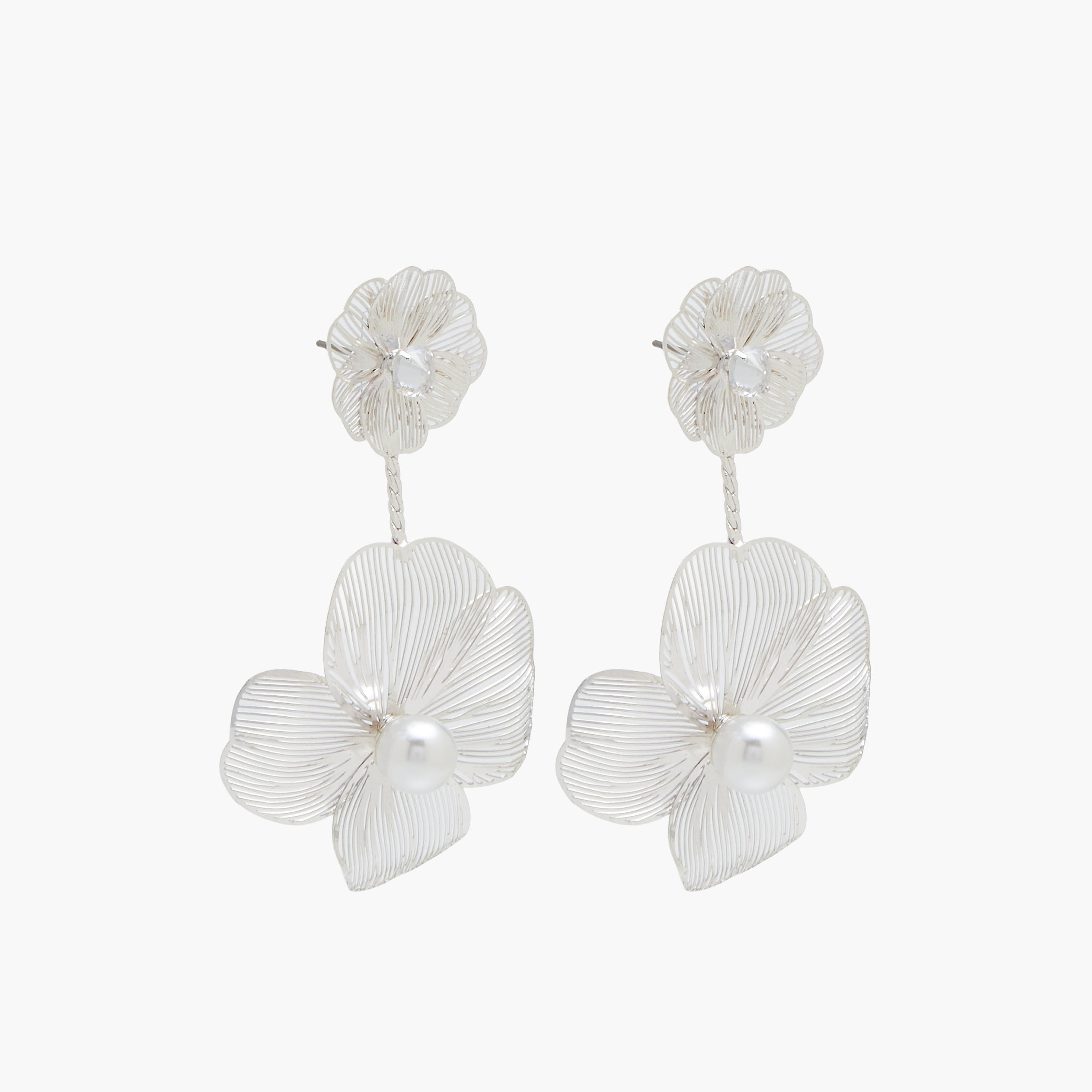 Silver Finish Floral Embellished Dangling Earrings with Pushback Closure-women-watchesandjewellery-jewellery-earrings-image-3