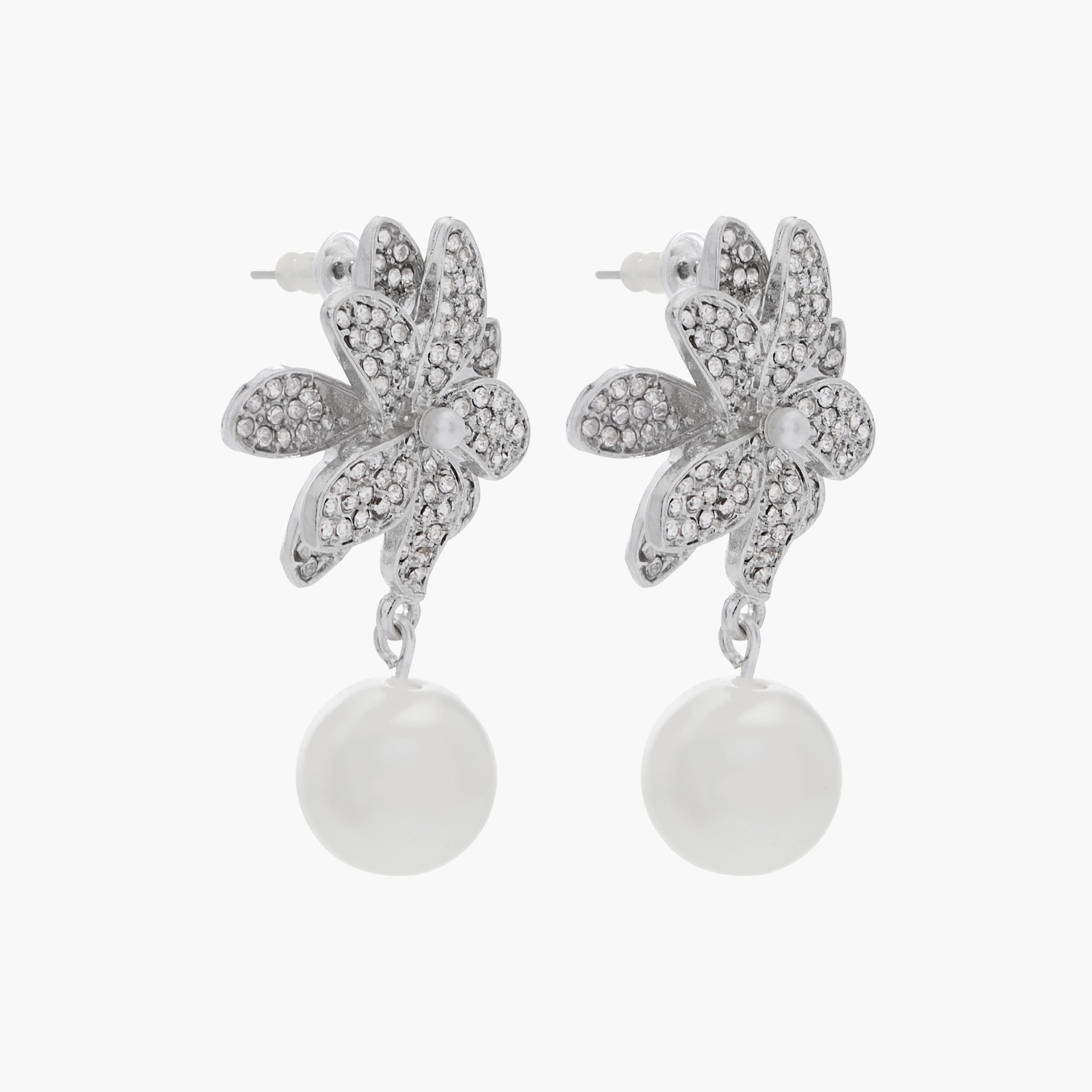 أقراط متدلية بلون فضي وتصميم زهور ومكبس إغلاق خلفي-women-watchesandjewellery-jewellery-earrings-image-3
