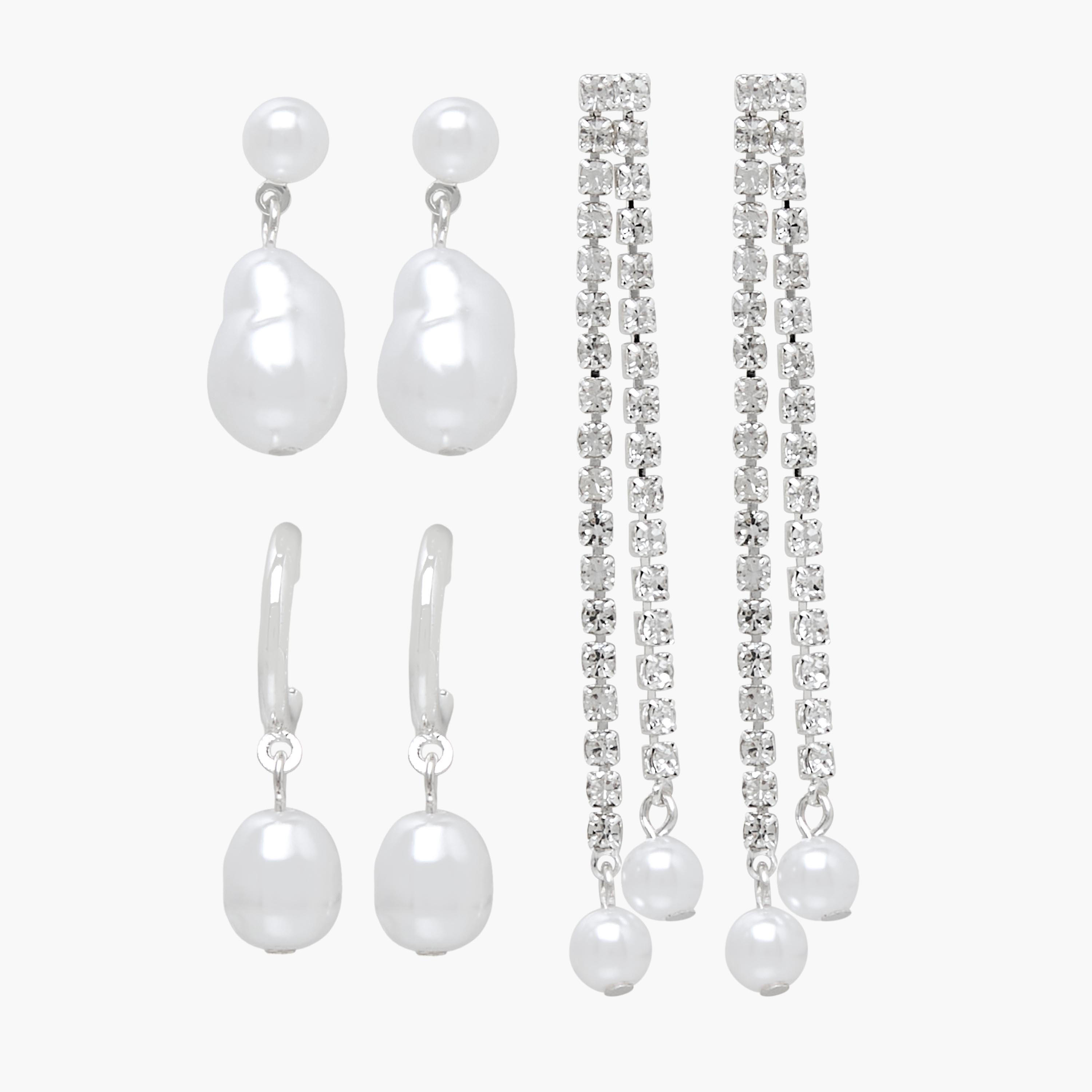 Gloo Pack of 3 Silver Tone Pearl Dangler Earrings with Pushback Closure-women-watchesandjewellery-jewellery-earrings-image-1