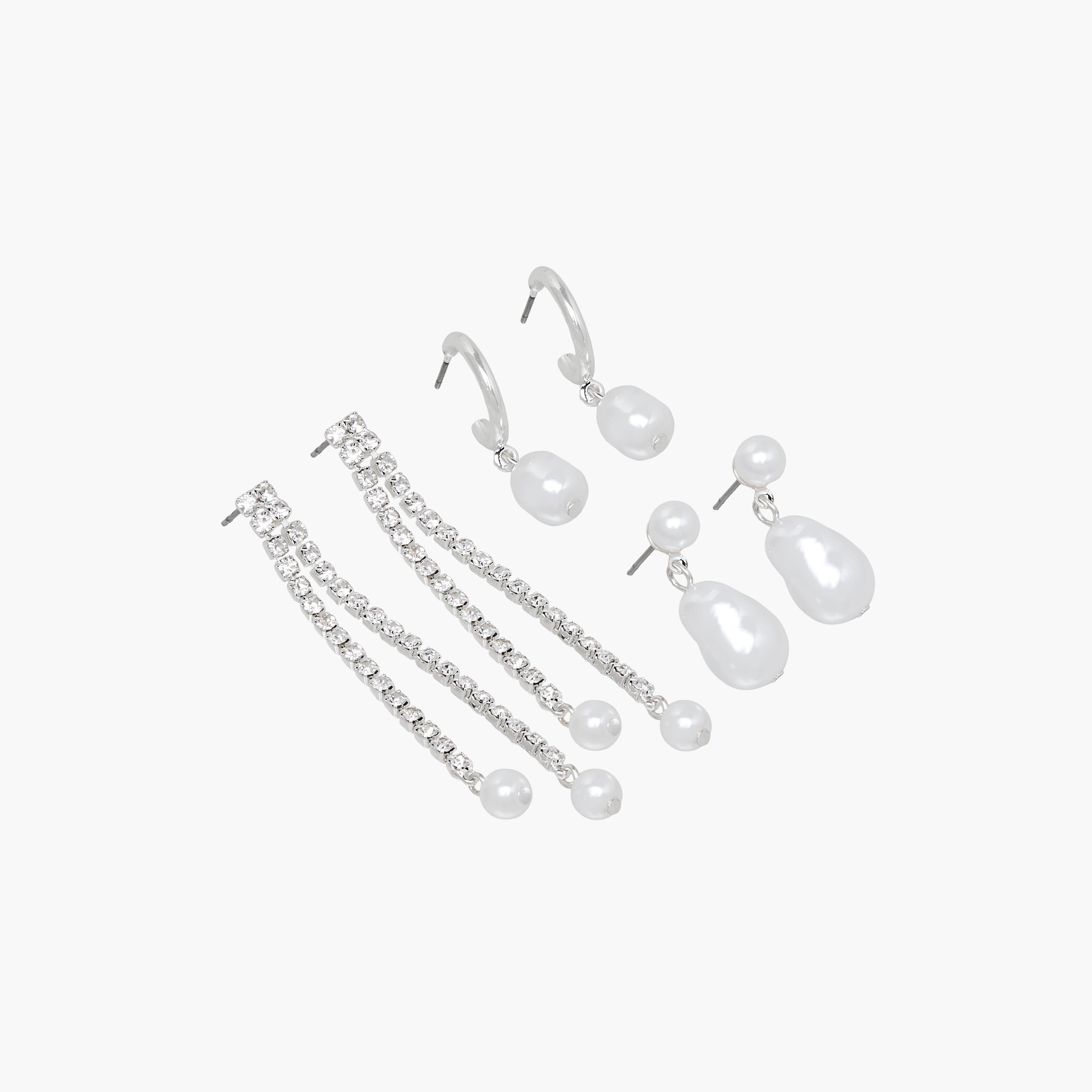 Gloo Pack of 3 Silver Tone Pearl Dangler Earrings with Pushback Closure-women-watchesandjewellery-jewellery-earrings-image-5