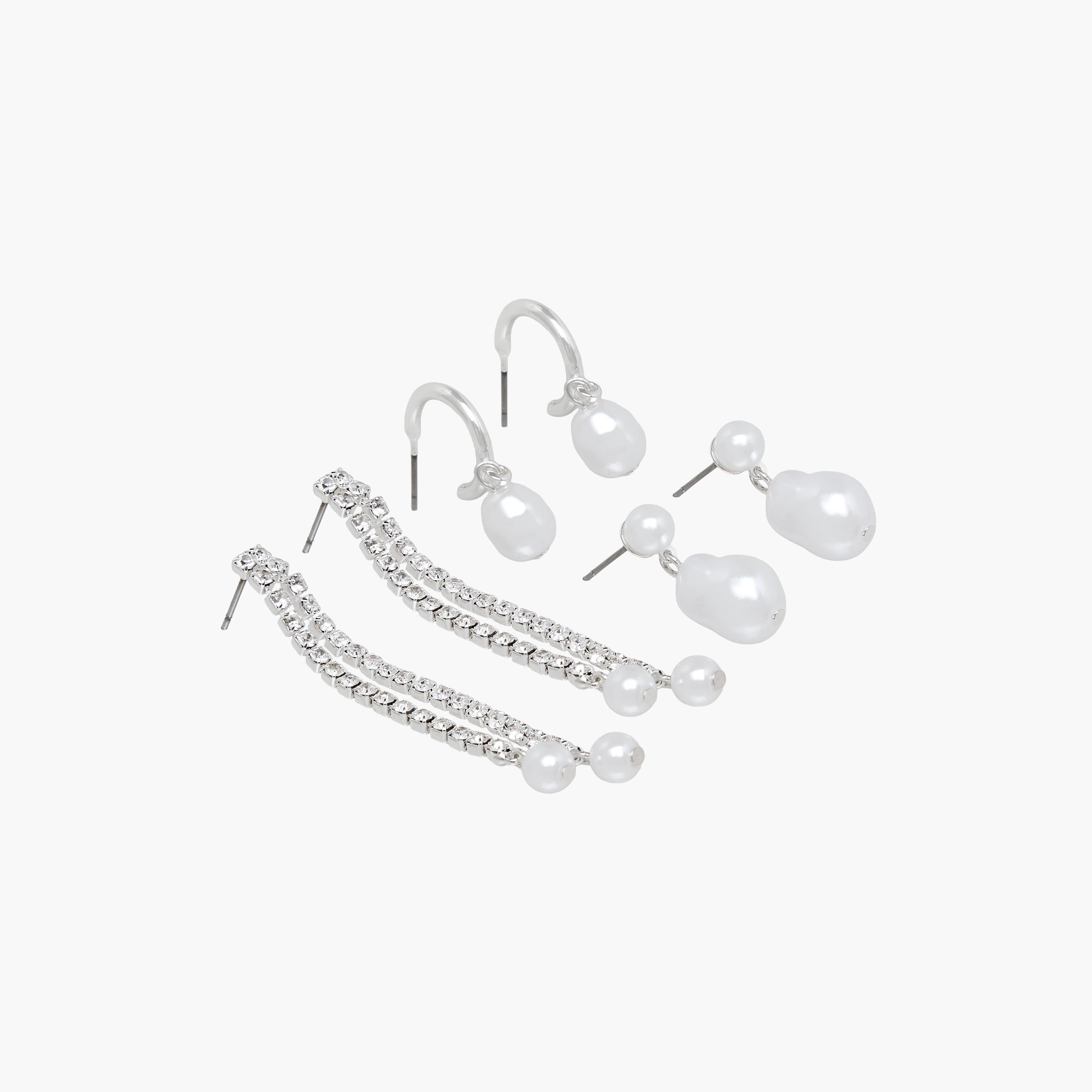 Gloo Pack of 3 Silver Tone Pearl Dangler Earrings with Pushback Closure-women-watchesandjewellery-jewellery-earrings-image-6