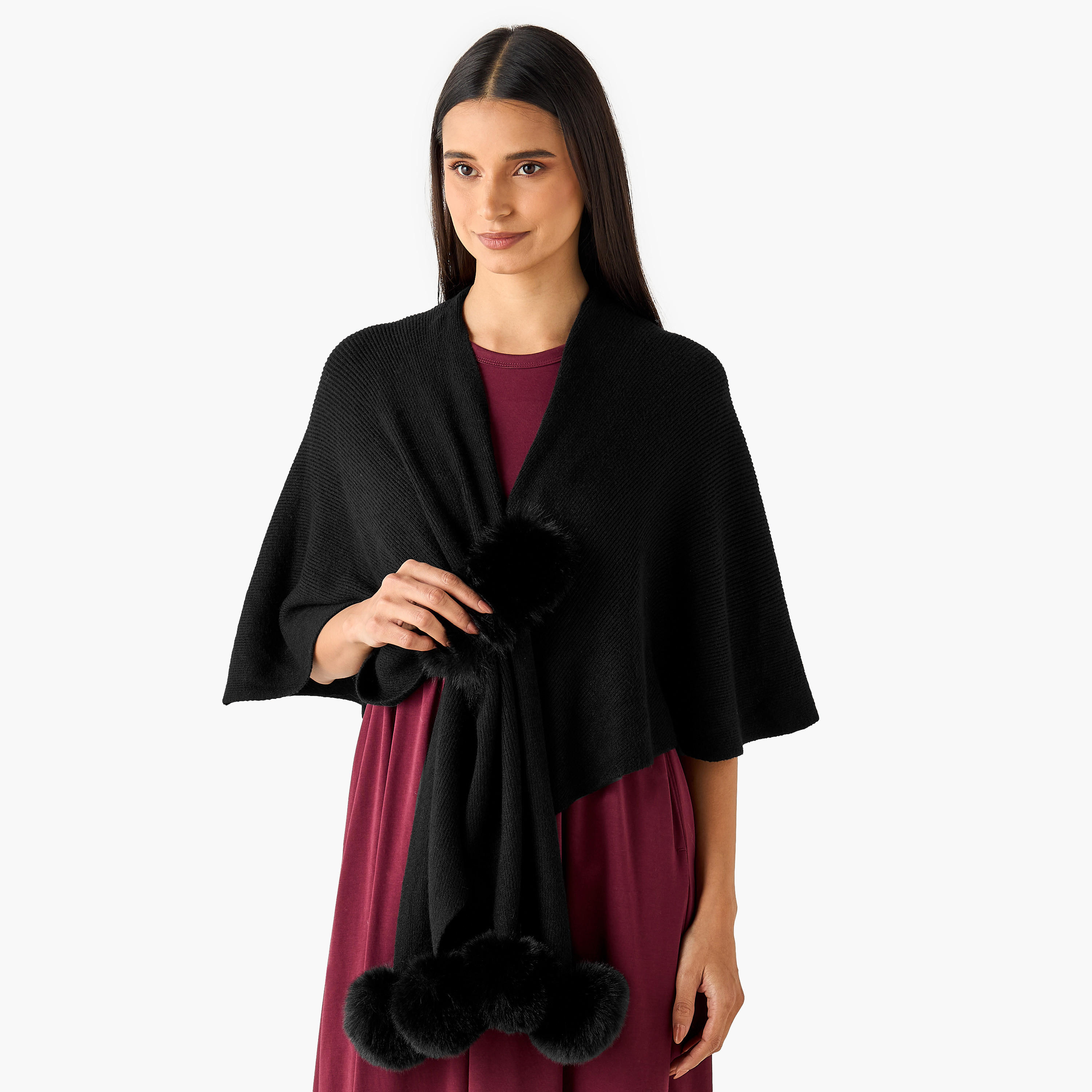 Scarf Cape Shaped with Fur Detail-women-winterwear-scarves-image-1