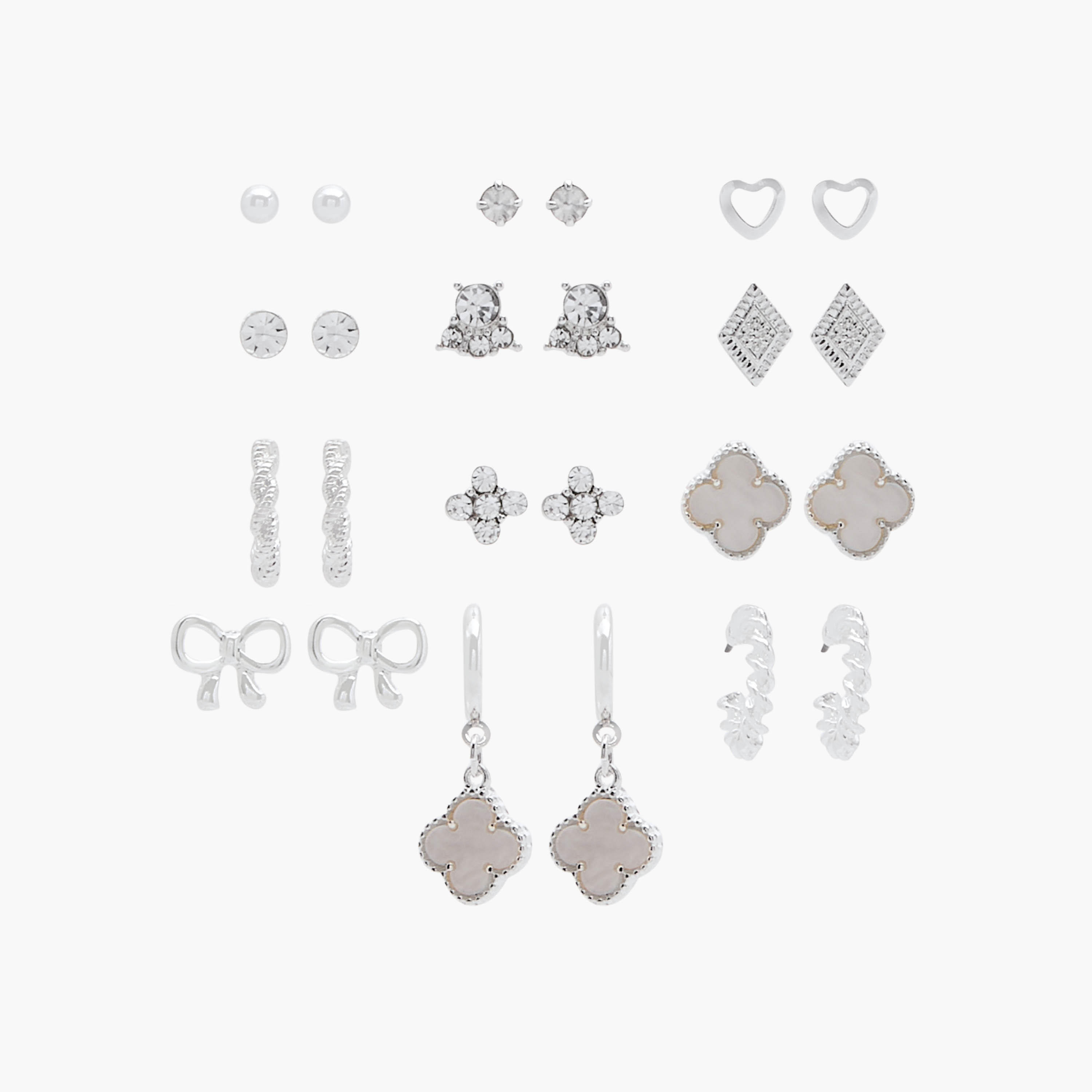 حلقان بلون فضي متنوعة مع مكبس إغلاق خلفي طقم 12-women-watchesandjewellery-jewellery-earrings-image-1