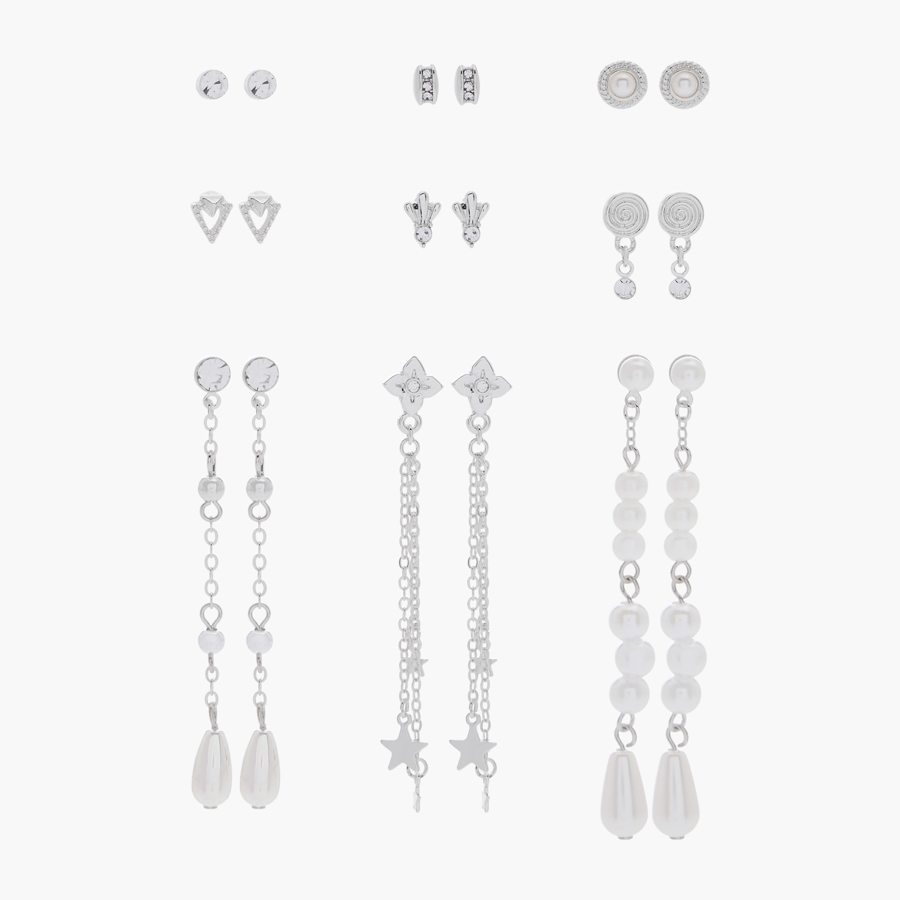 حلقان فضية مرصعة بمكبس إغلاق خلفي - عبوة من 9 أزواج-women-watchesandjewellery-jewellery-earrings-image-1