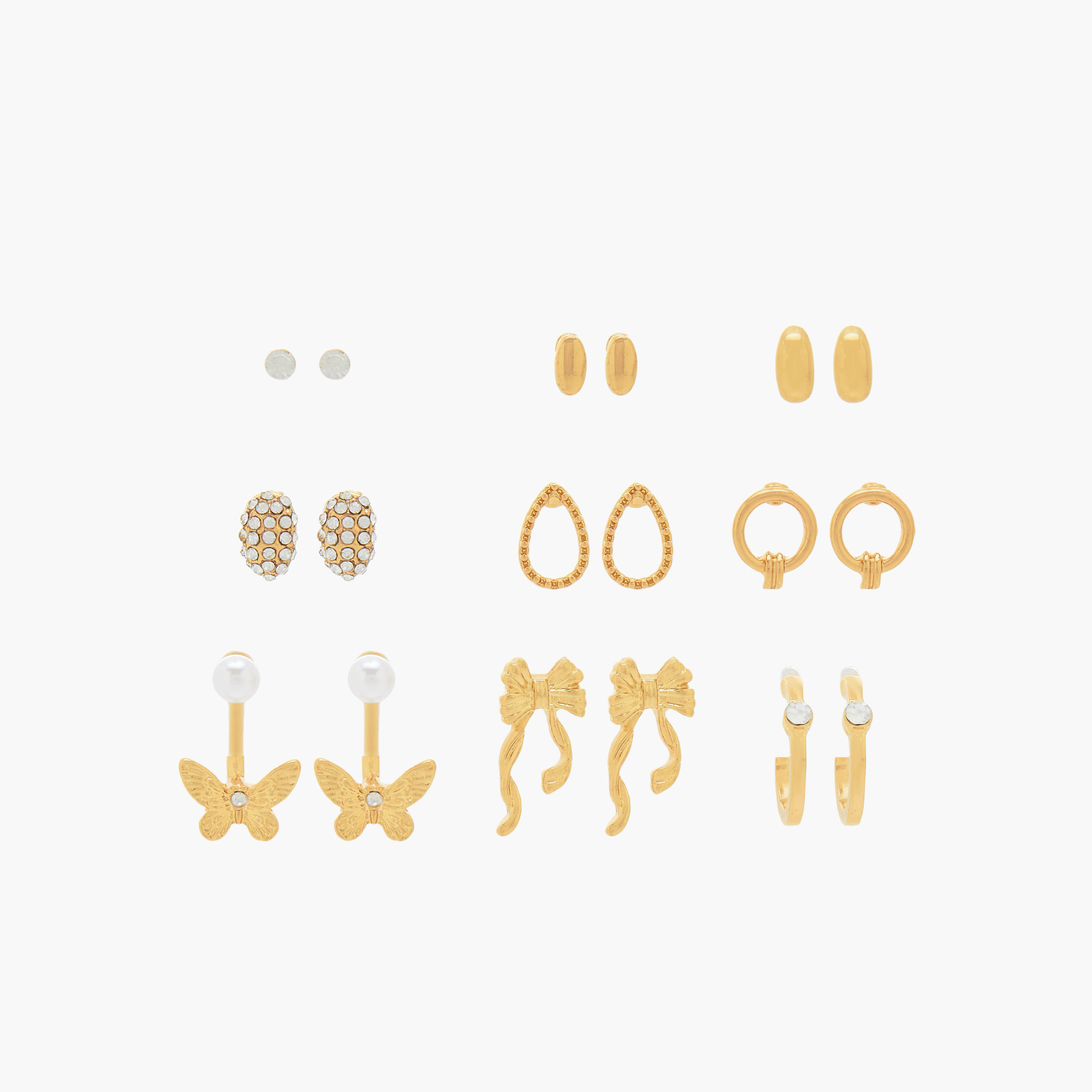 Pack of 9 Gold Tone Stud Earrings with Pushback Closure-women-watchesandjewellery-jewellery-earrings-image-1