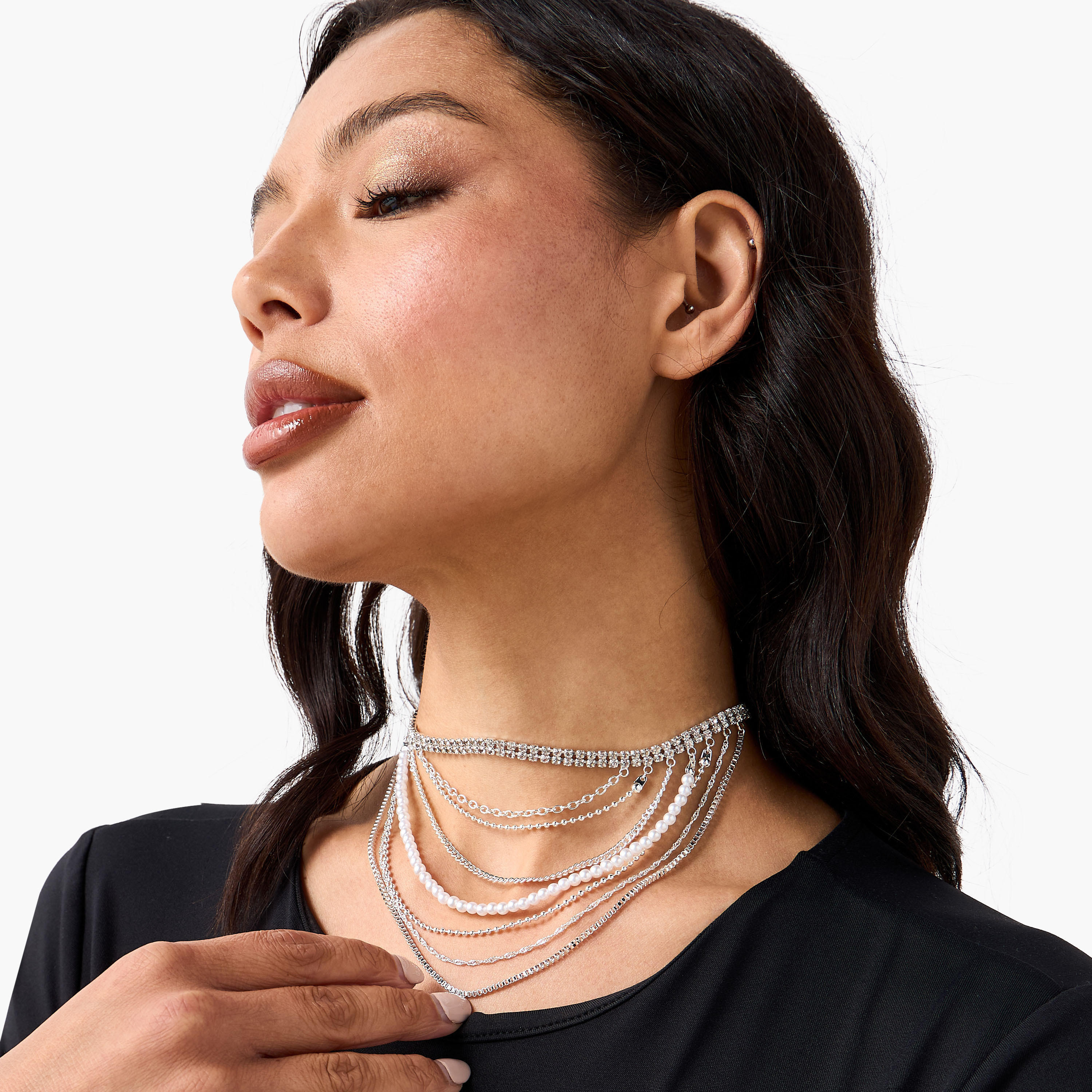 Silver Tone Layered Choker Necklace with Embellished Detail-women-watchesandjewellery-jewellery-necklacesandpendants-image-2