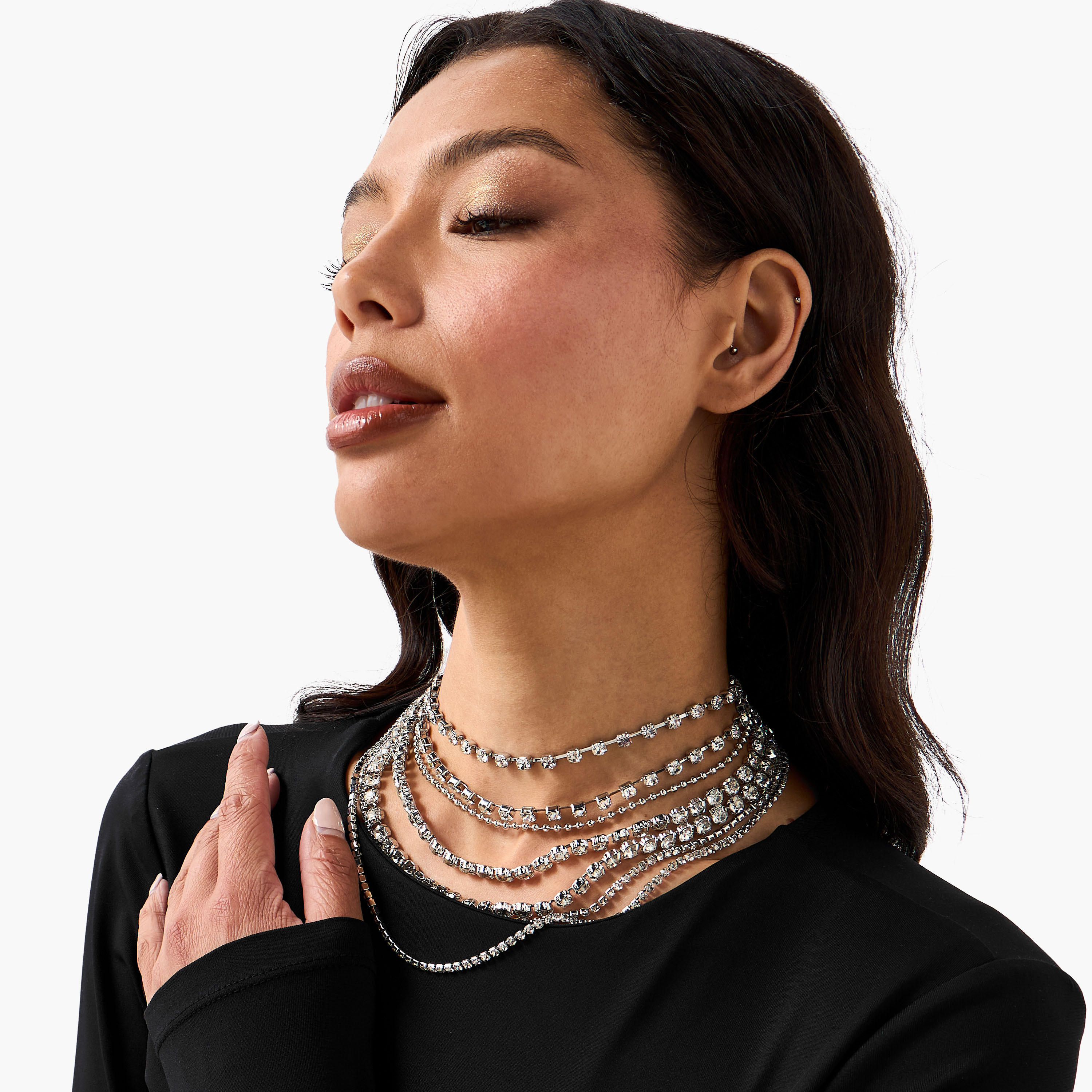 Silver Tone Stone Embellished Layered Choker Necklace-women-watchesandjewellery-jewellery-necklacesandpendants-image-2