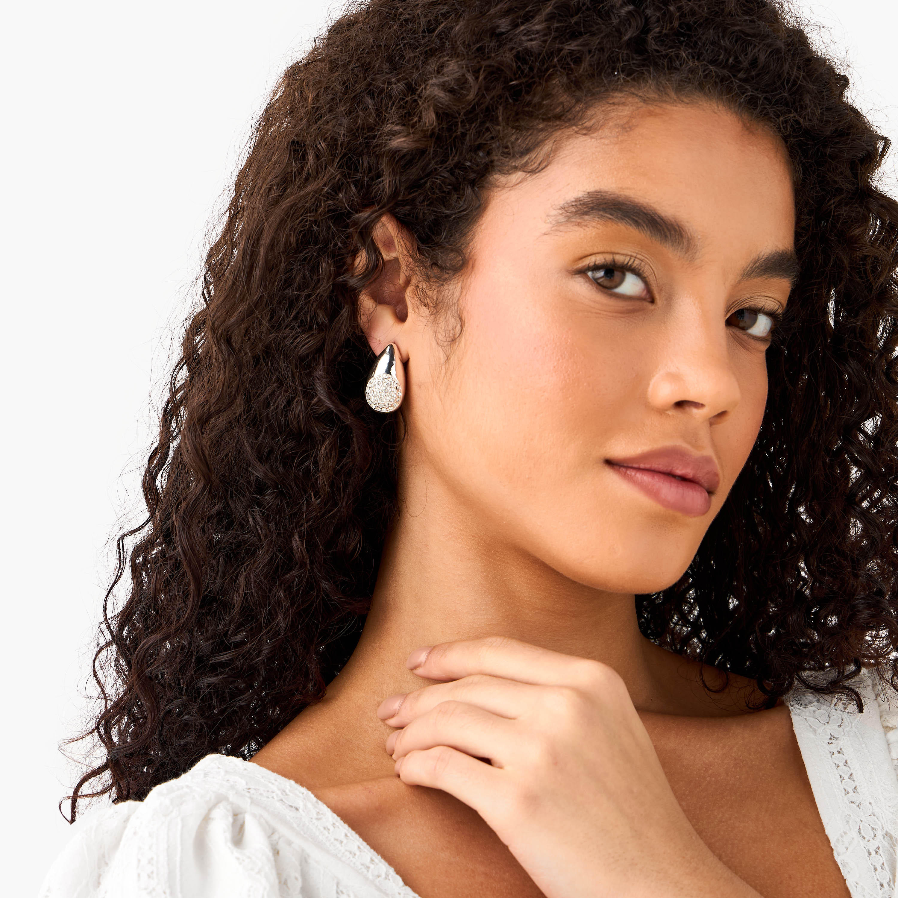 Metallic Embellished Teardrop Earrings with Pushback Closure-women-watchesandjewellery-jewellery-earrings-image-2