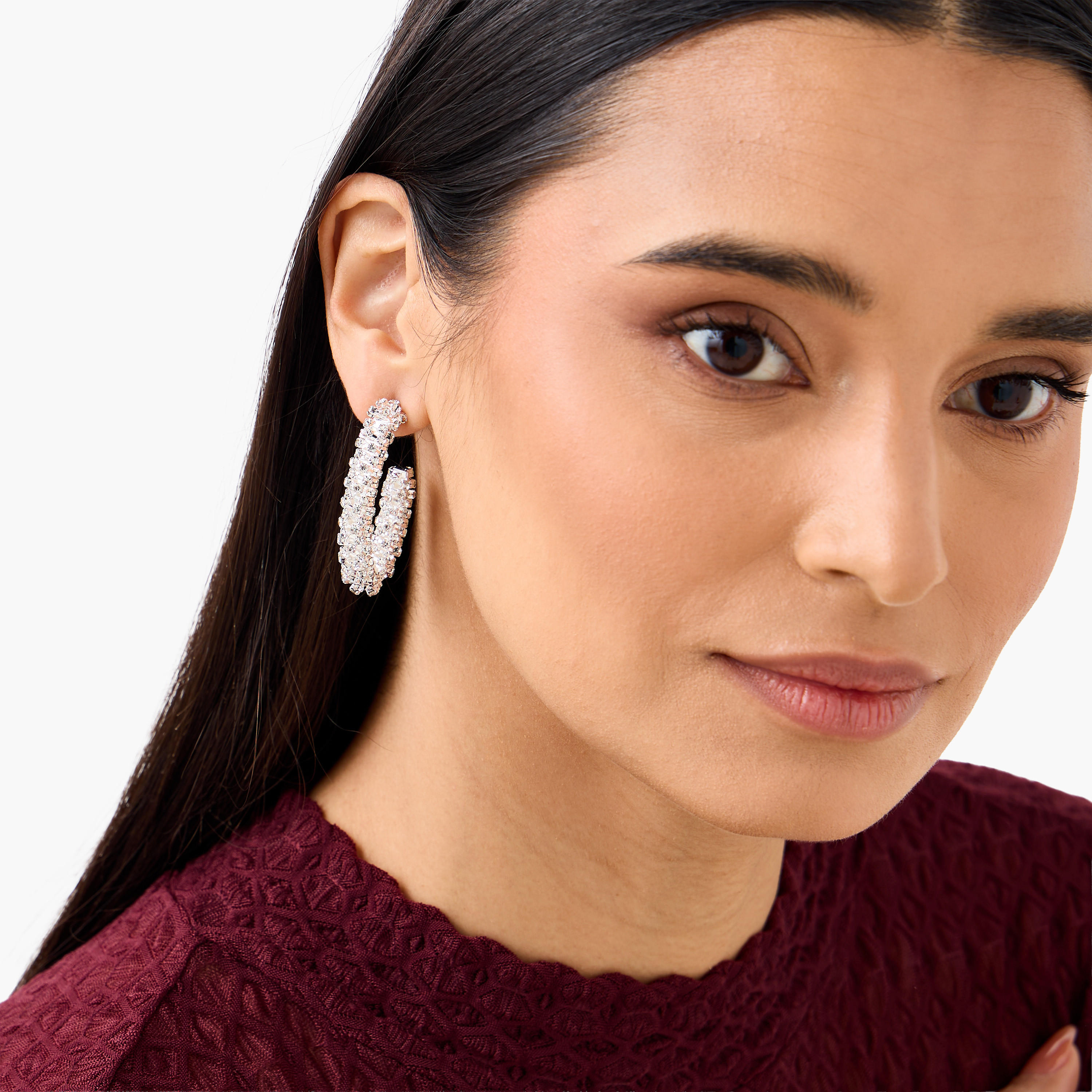 Silver Tone Stone Embellished Hoop Earrings with Pushback Closure-women-watchesandjewellery-jewellery-earrings-image-2