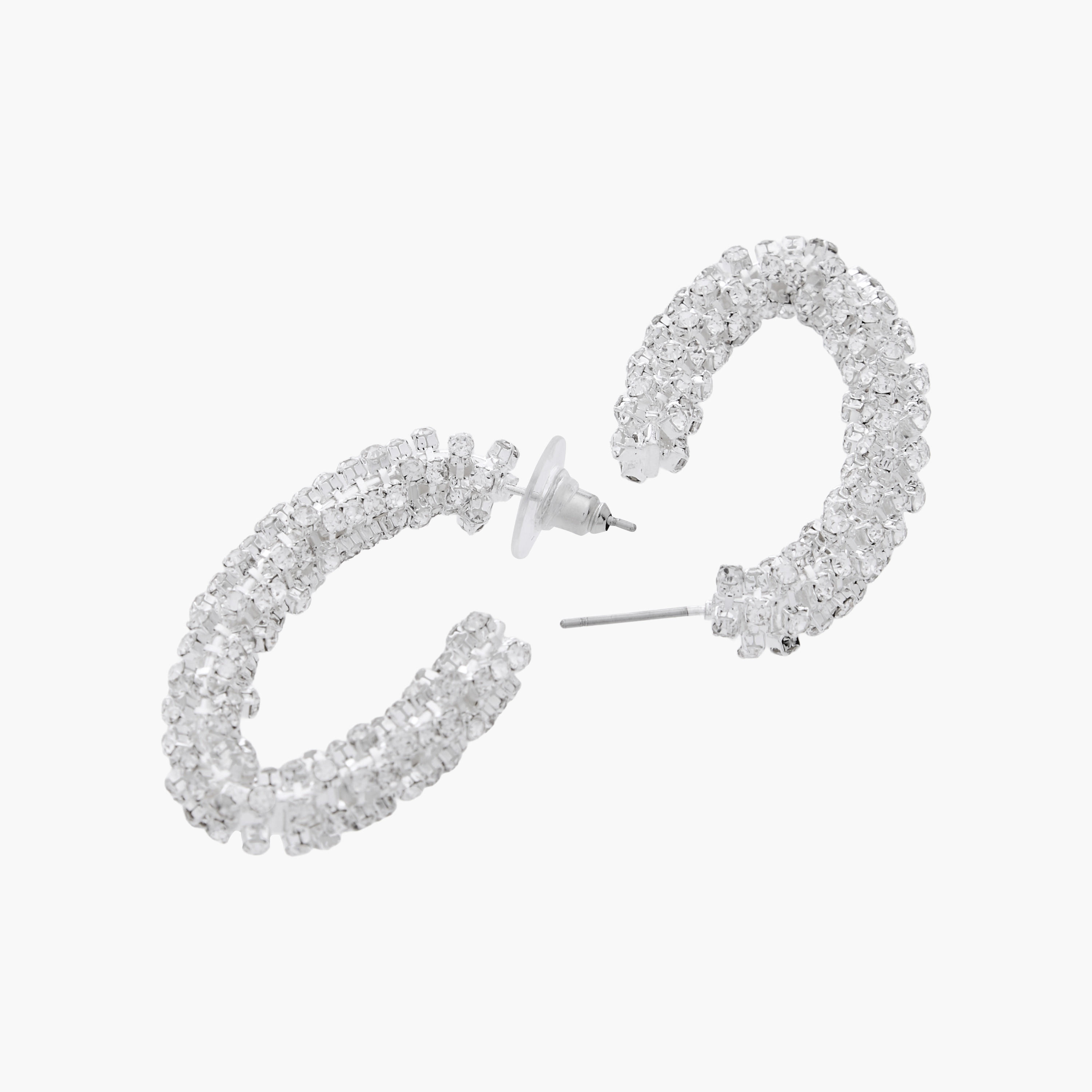 Silver Tone Stone Embellished Hoop Earrings with Pushback Closure-women-watchesandjewellery-jewellery-earrings-image-4