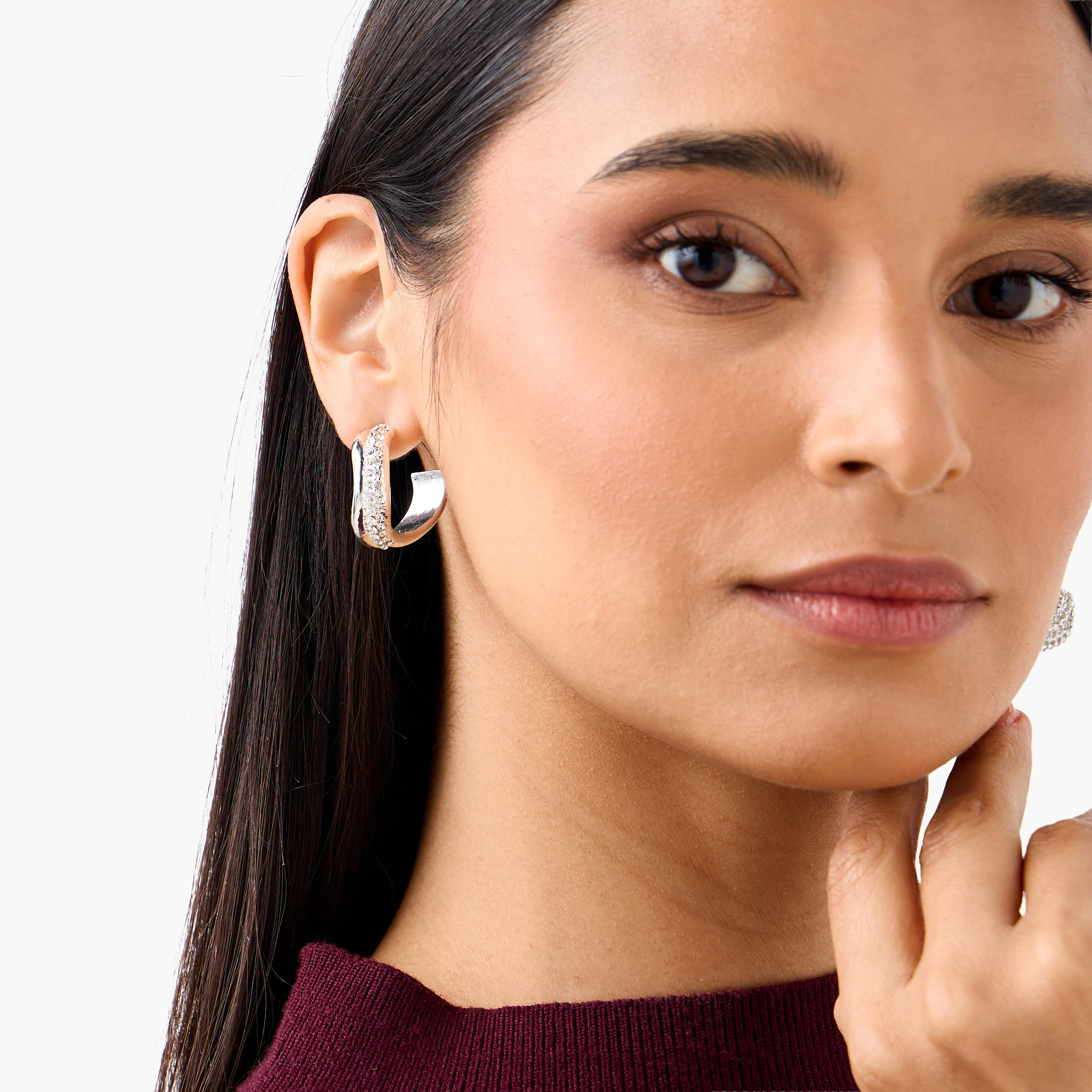 Silver Tone Stone Embellished Hoop Earrings with Pushback Closure-women-watchesandjewellery-jewellery-earrings-image-2