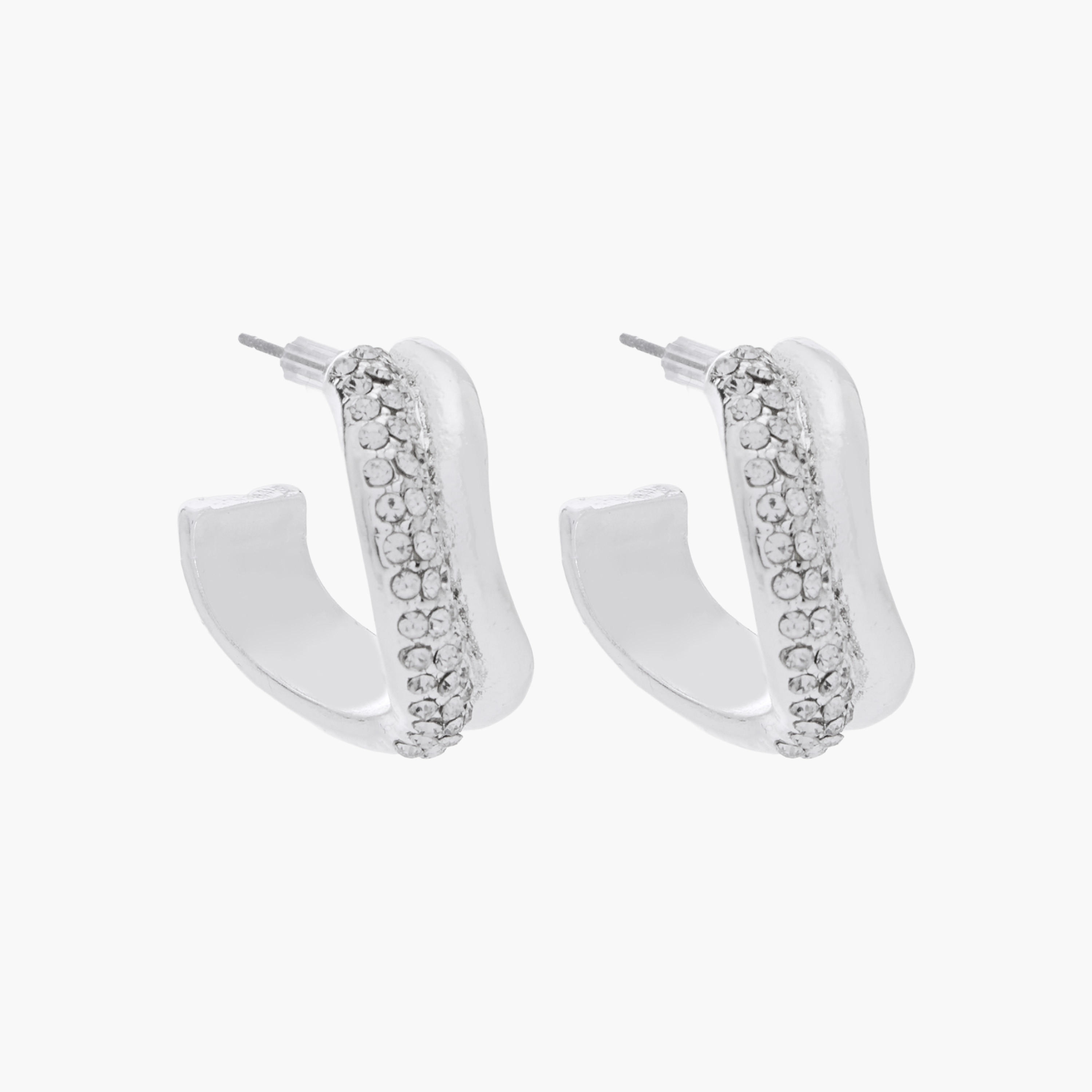 Silver Tone Stone Embellished Hoop Earrings with Pushback Closure-women-watchesandjewellery-jewellery-earrings-image-4