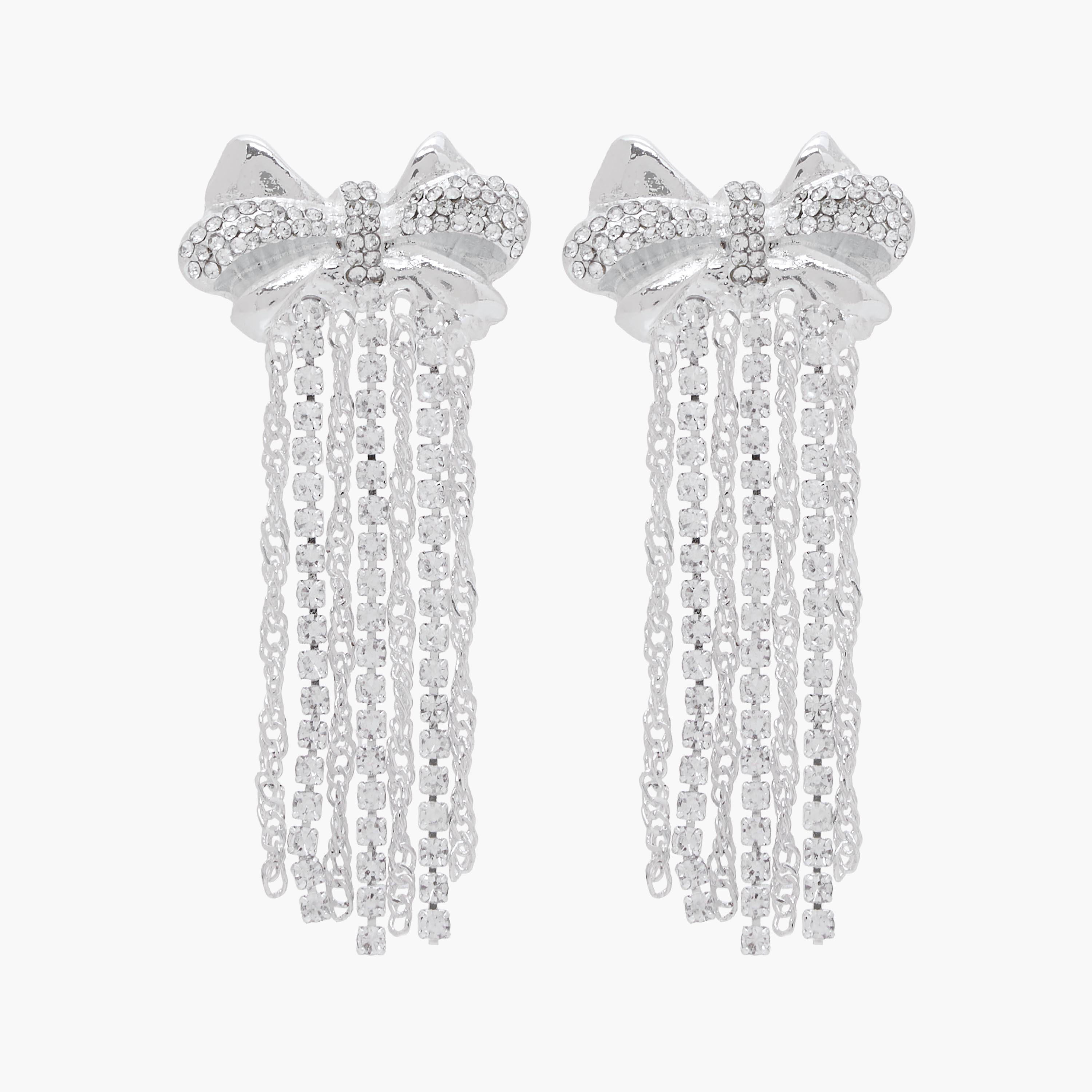 Silver Tone Embellished Bow Dangler Earrings with Pushback Closure-women-watchesandjewellery-jewellery-earrings-image-1