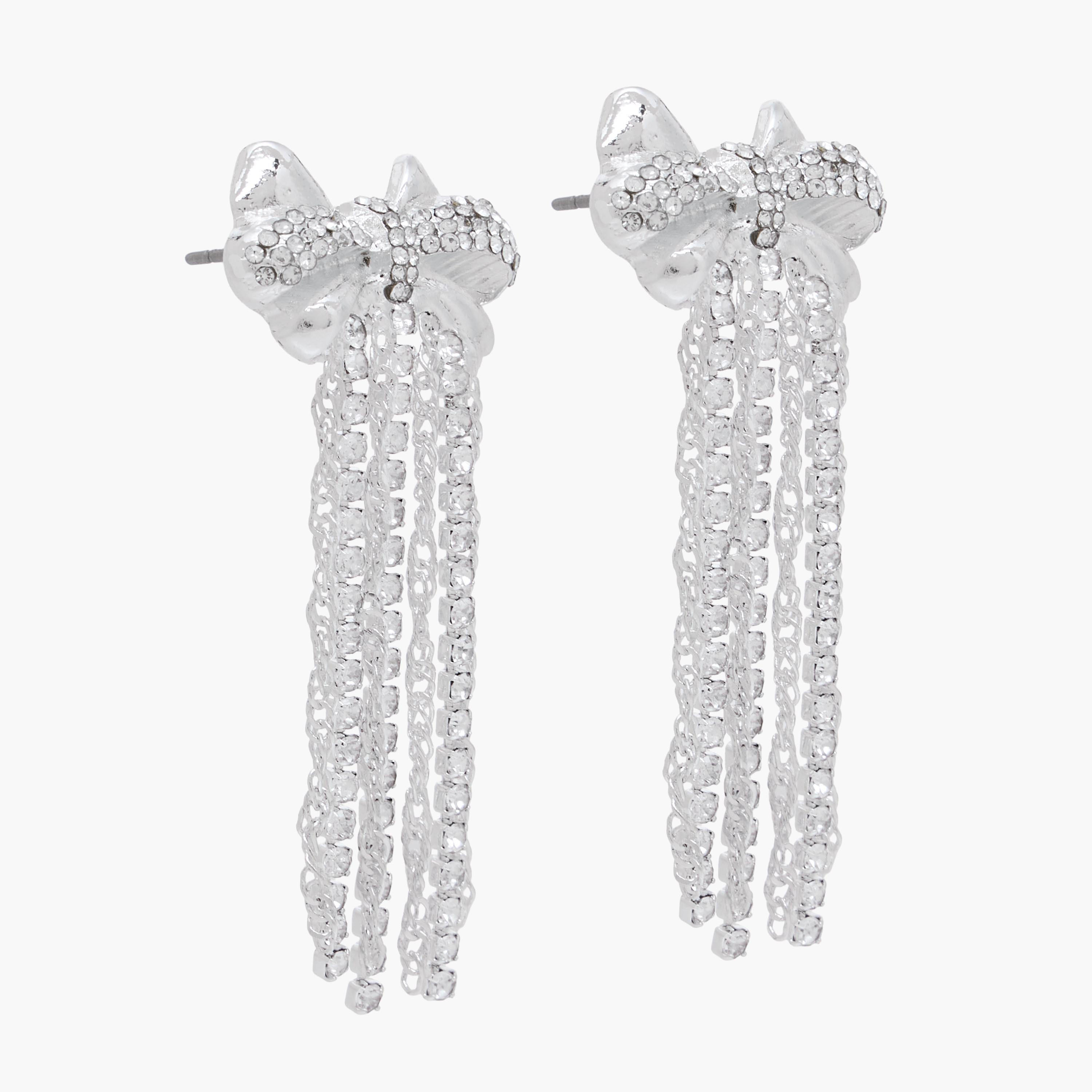 Silver Tone Embellished Bow Dangler Earrings with Pushback Closure-women-watchesandjewellery-jewellery-earrings-image-3