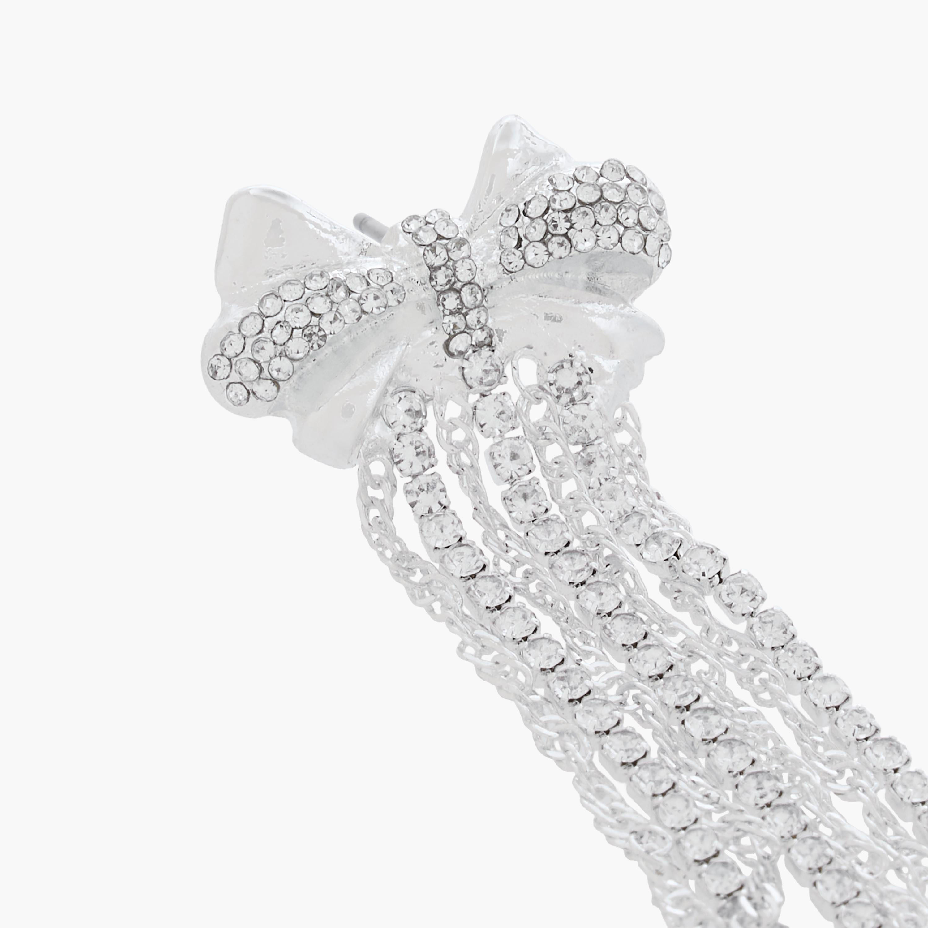 Silver Tone Embellished Bow Dangler Earrings with Pushback Closure-women-watchesandjewellery-jewellery-earrings-image-4
