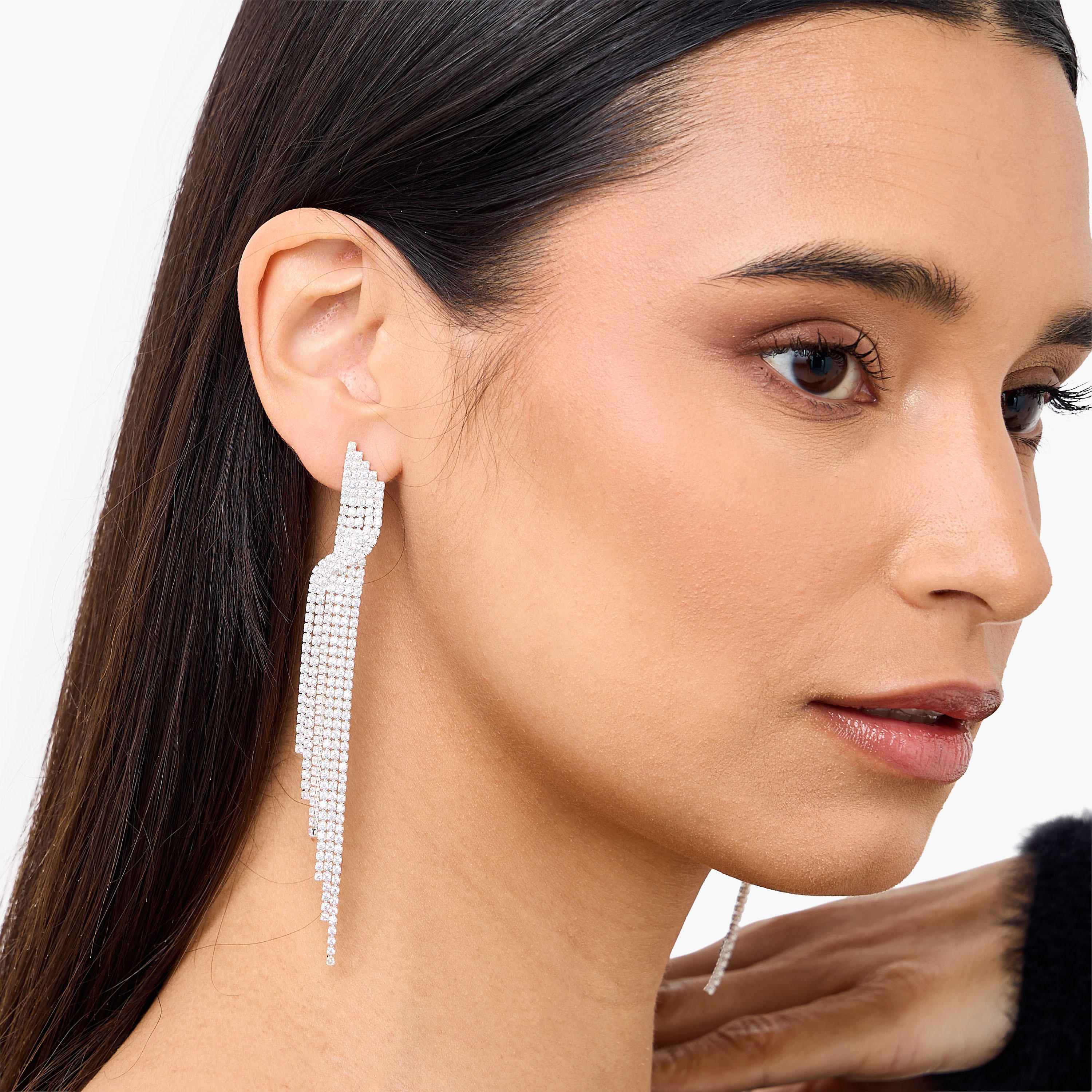 Silver Tone Cubic Zirconia Embellished Drop Earrings with Pushback Closure-women-watchesandjewellery-jewellery-earrings-image-2