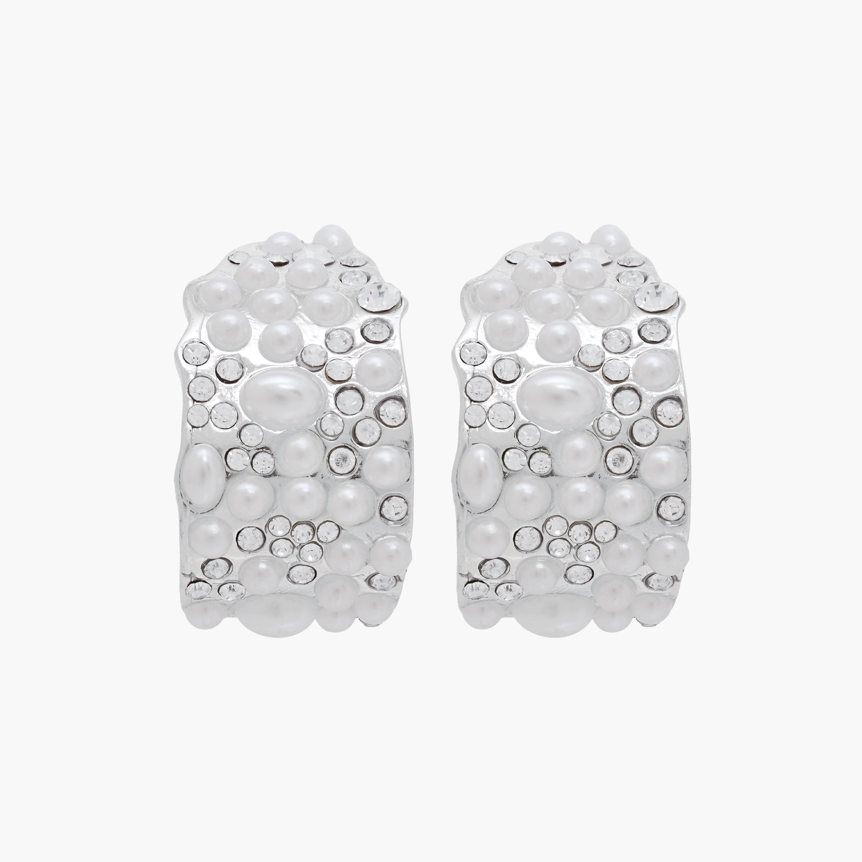 Silver Tone Pearl Embellished Hoop Earrings-women-watchesandjewellery-jewellery-earrings-image-1