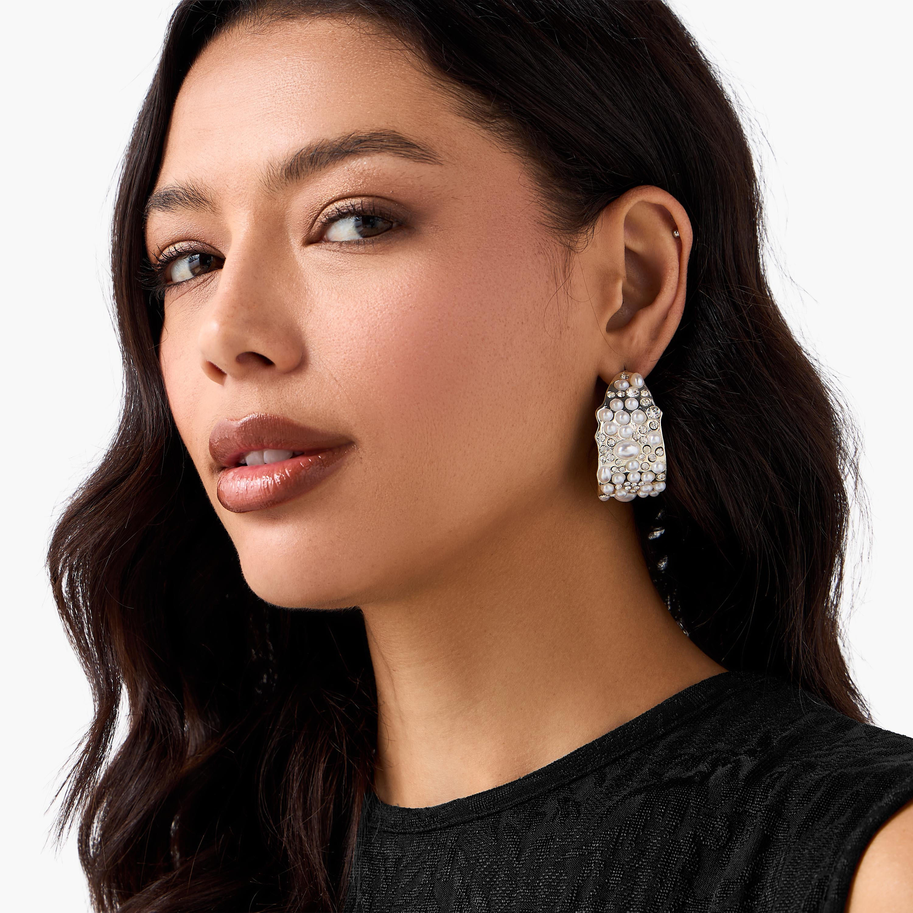 Silver Tone Pearl Embellished Hoop Earrings-women-watchesandjewellery-jewellery-earrings-image-2