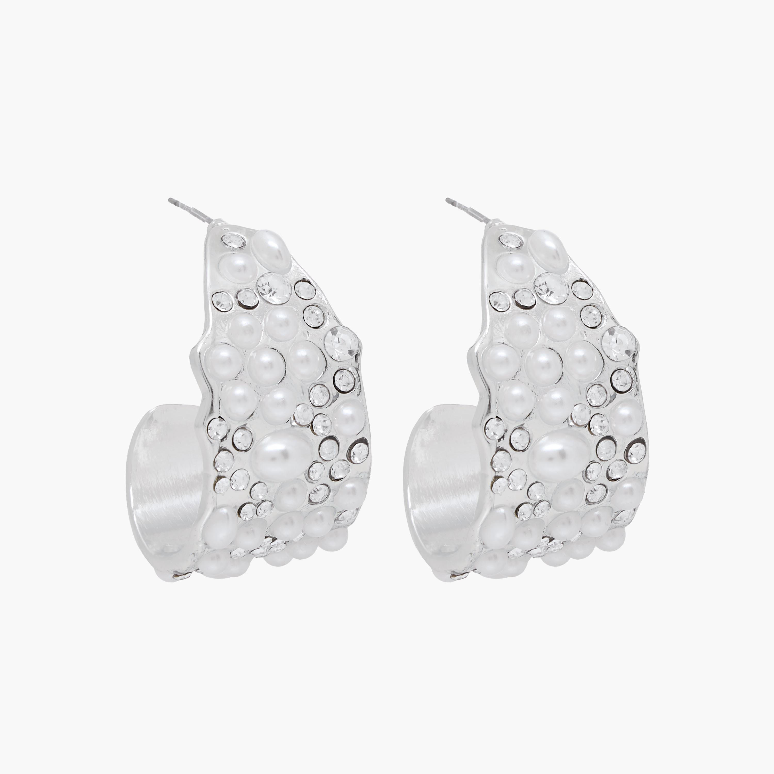 Silver Tone Pearl Embellished Hoop Earrings-women-watchesandjewellery-jewellery-earrings-image-3