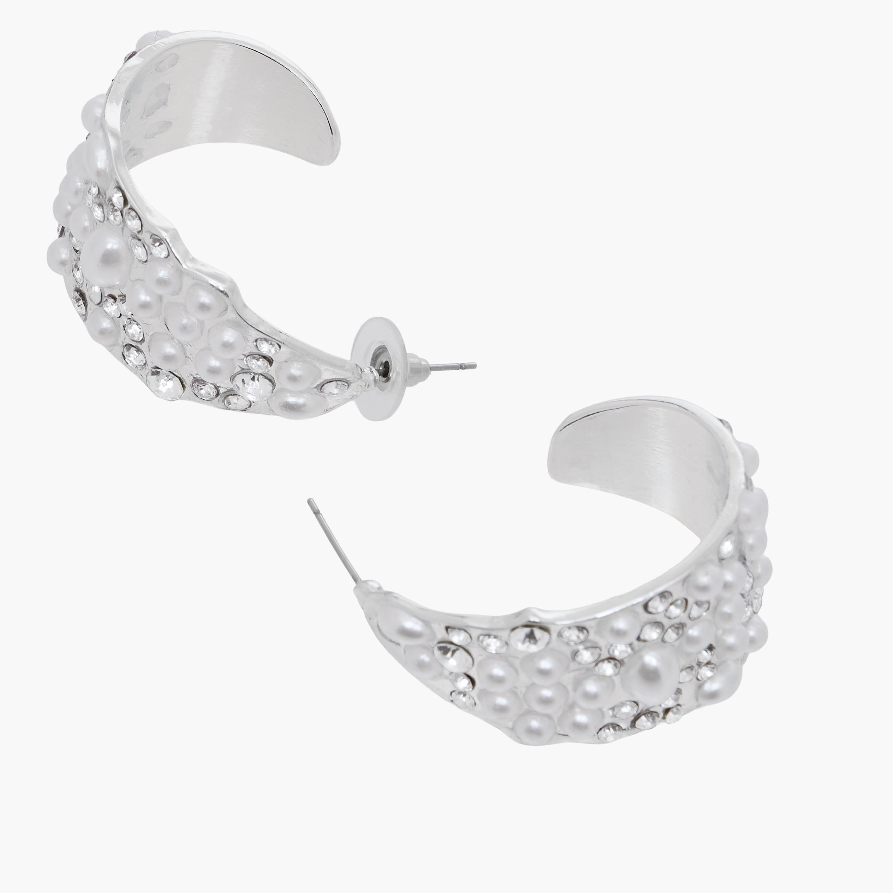 Silver Tone Pearl Embellished Hoop Earrings-women-watchesandjewellery-jewellery-earrings-image-4
