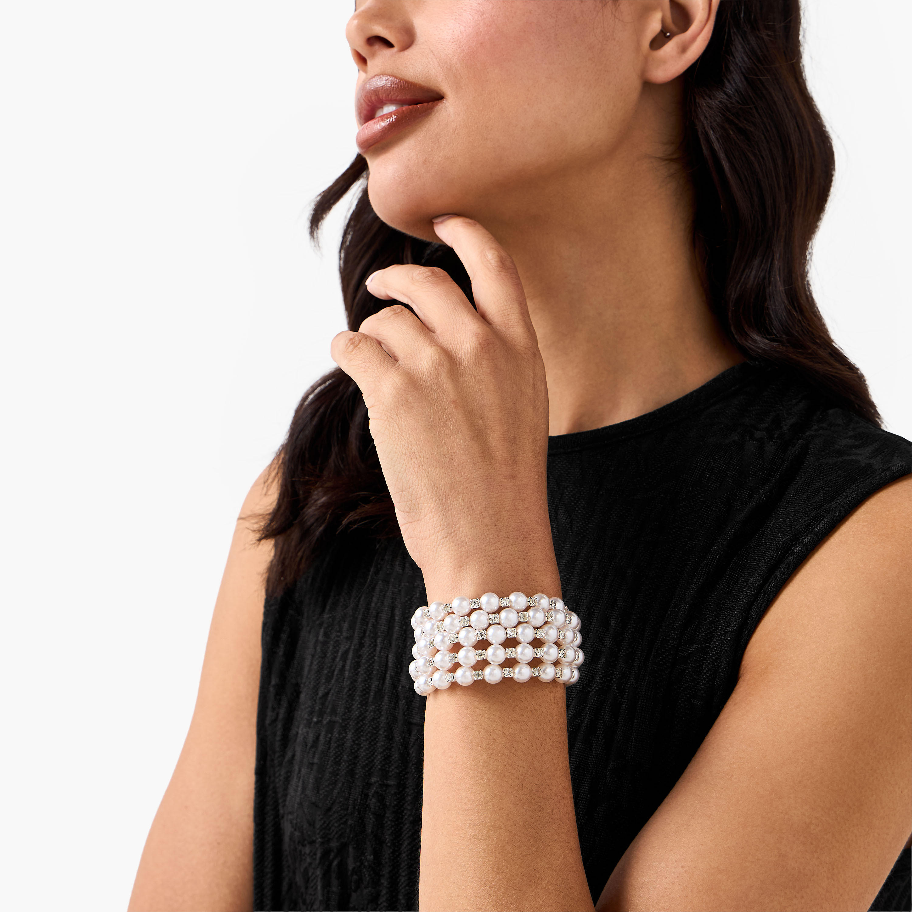 Silver Tone Pearl Embellished Coil Bracelet-women-watchesandjewellery-jewellery-banglesandbracelets-image-2